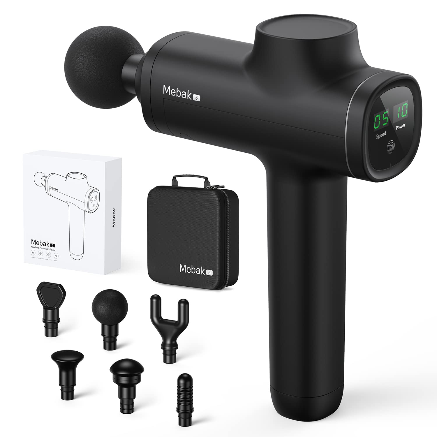 Mebak 5 Pistola de Masaje Muscular Recargable Percusión de Tejido Profundo Masajeador de Fascia de Mano Eléctrico Inalámbrica, Alivio del Dolor, con Pantalla Táctil LCD 6 Cabezales 5 Velocidades