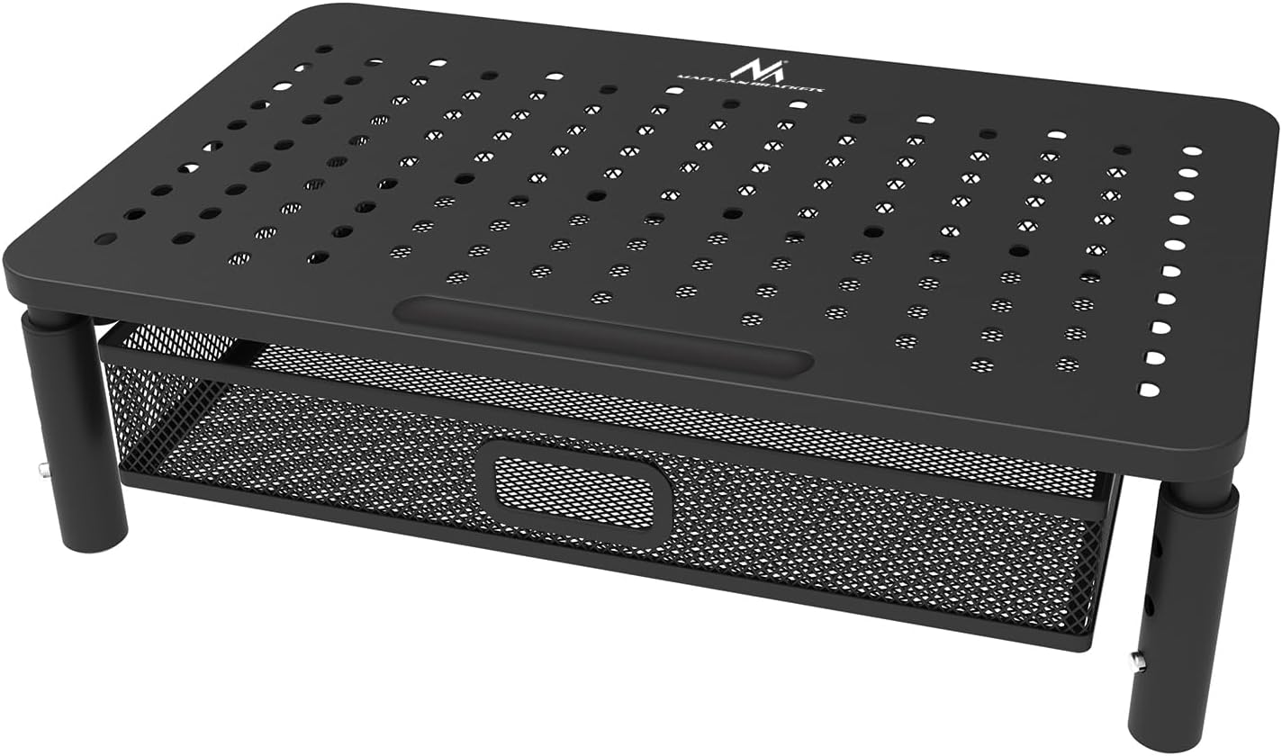 Maclean MC-947 Soporte Ergonómico para Monitor/Portátil con Cajón, Tamaño de Pantalla de 13 a 32 pulgadas, Altura Ajustable, Superficie Perforada