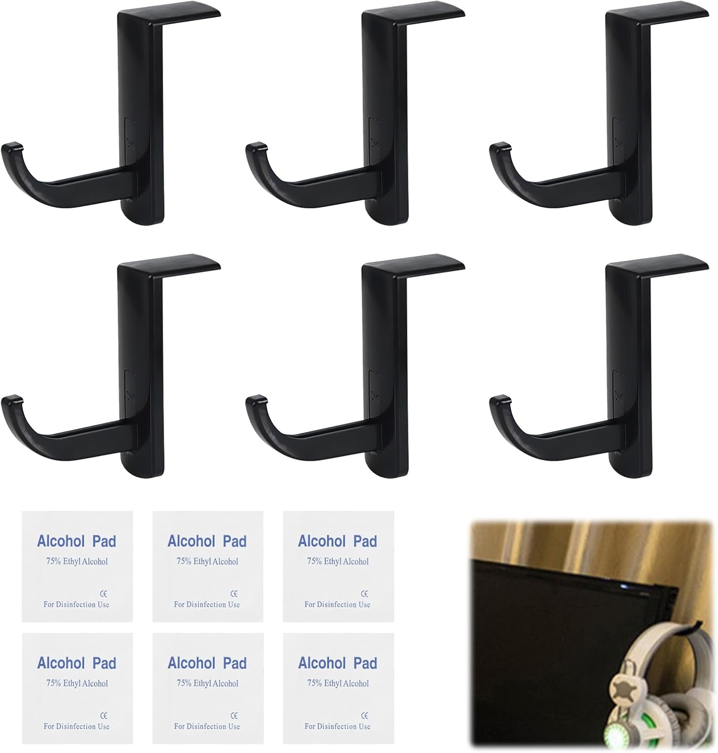 6 Pcs Soporte de Auriculares Gancho Adhesivo, Soporte para Monitor Ganchos para Auriculares con 6 Pastilla limpiadora, Compatible con Todo Tipo de Auriculares, para Monitor, Escritorios de Oficina