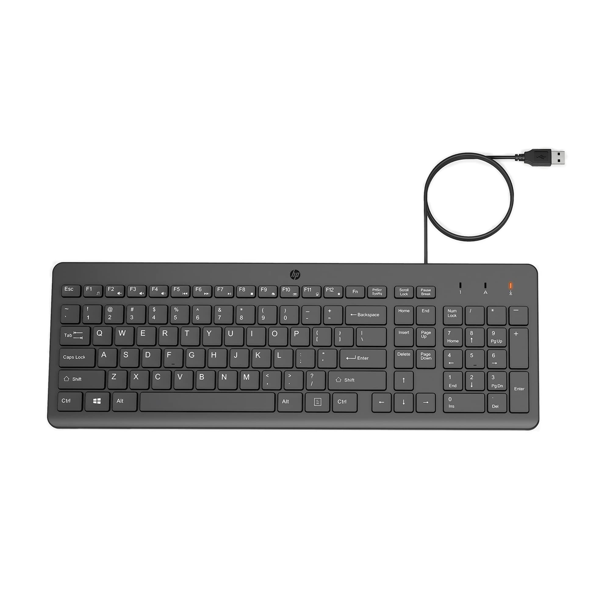 HP 150 Teclado QWERTY Español con Cable - (Indicadores LED, Puerto USB-A, 12 Teclas de Atajos, Windows 10, Windows 11) Color Negro
