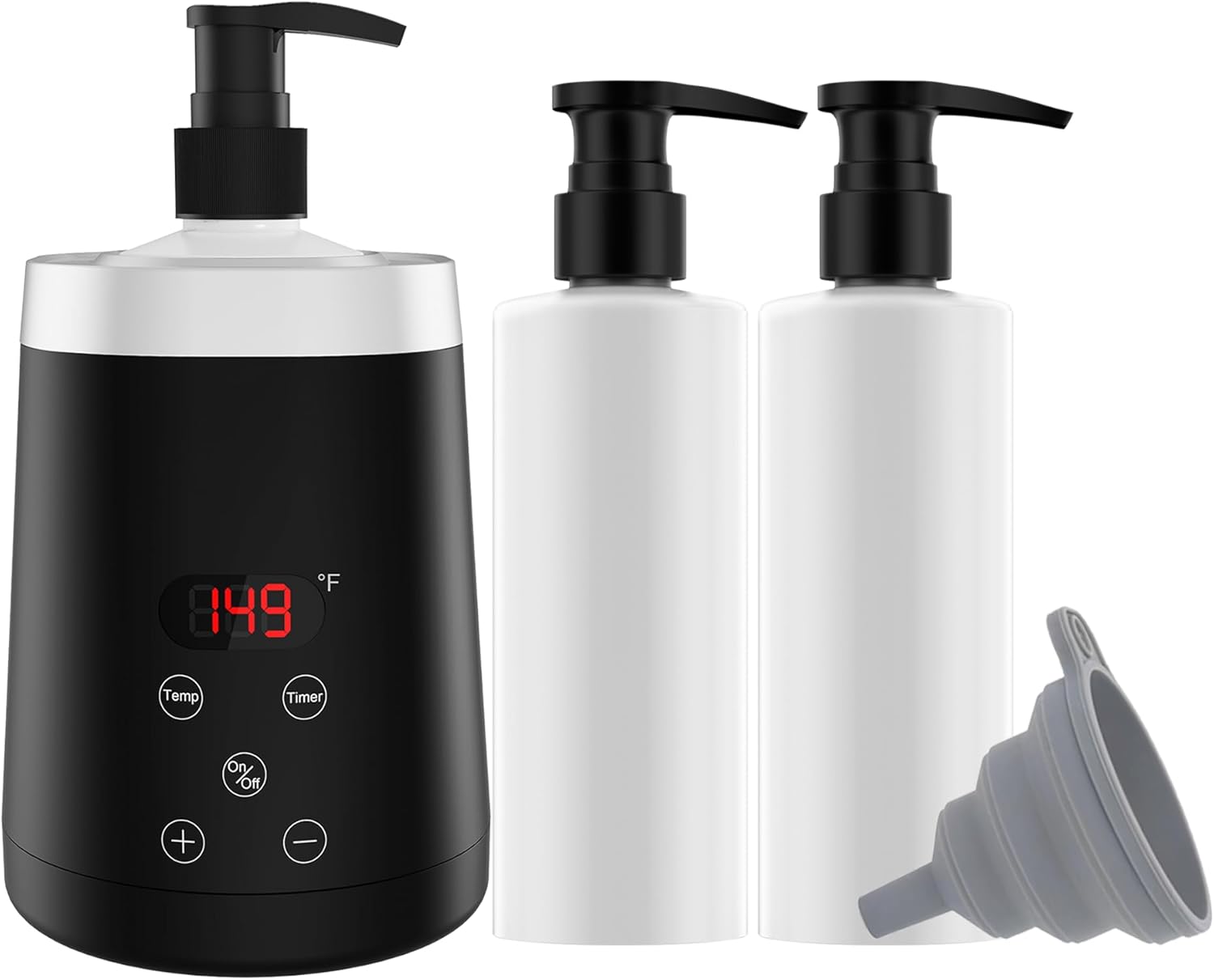 Calentador de aceites de masaje LINBEAUTI con dos botellas, calentador y un embudo para calentar aceites de masaje, lociones y geles de ducha para el hogar y salones de spa.