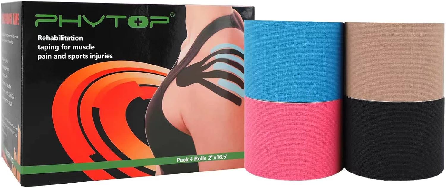 Cinta Kinesiologica 4 Rollos Multipack, Cinta Deportiva Sin Cortar 5cm x 5m, Fuerte Adhesivo para Soporte Muscular, Estabilidad Articular y Mejora del Rendimiento (Color Piel, Azul, Rosa, Negro)