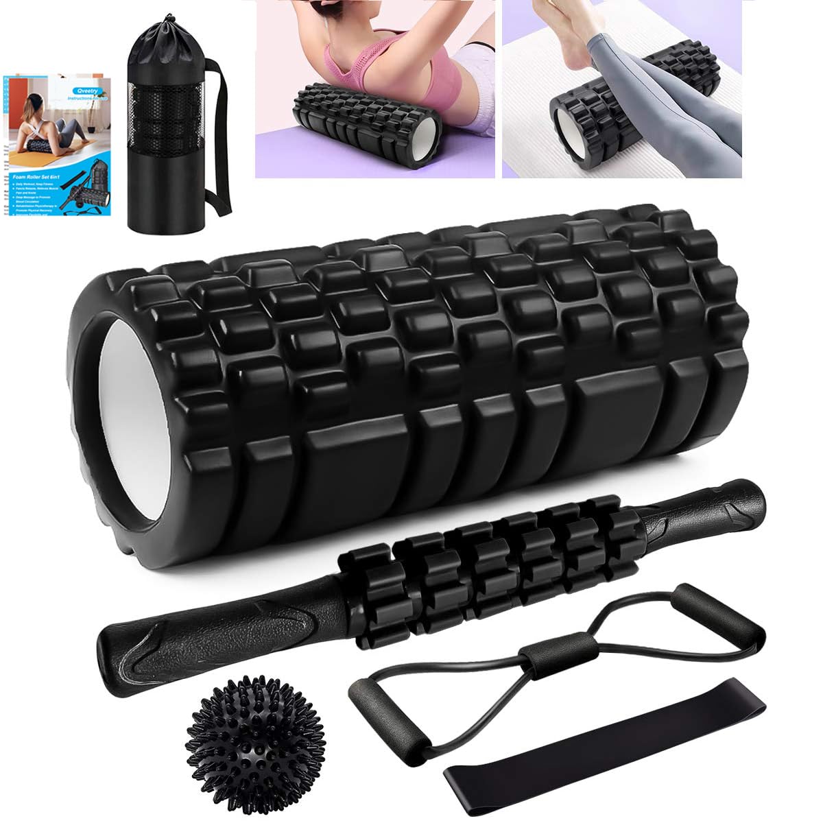 Rodillo Masaje Muscular, Qveetry 6en1 Rodillos de Espuma con Palos de Masaje, Bolas de Masaje, Foam Roller para Rodillos de Masaje de Tejido Profundo