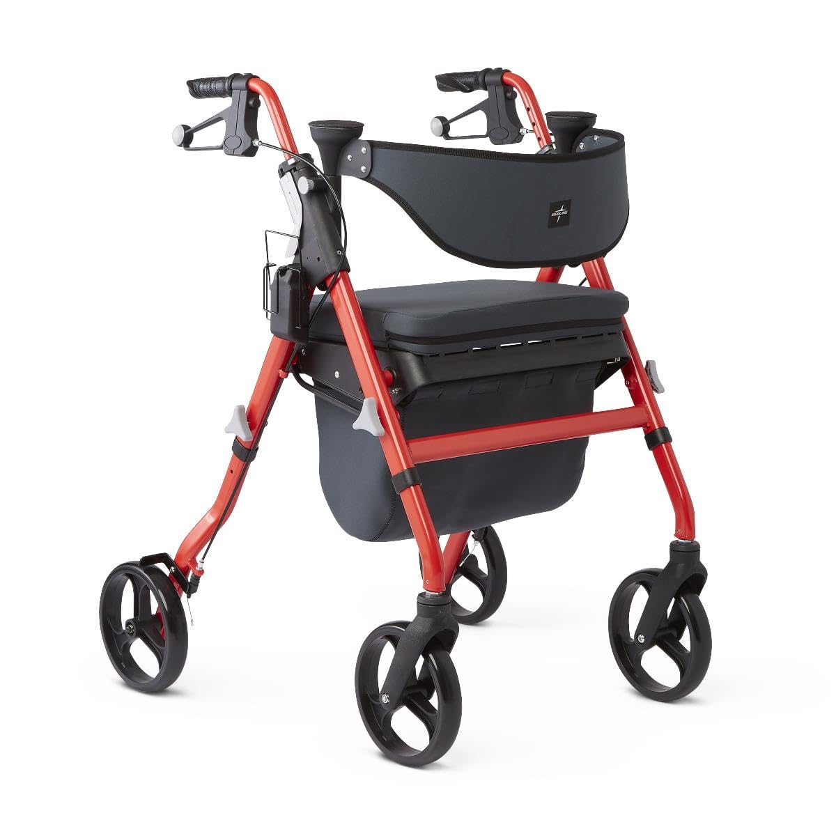 Medline Andador Premium Empower con asiento de espuma viscoelástica, negro y rojo, capacidad de peso de 300 libras, ruedas de 8 pulgadas, tecnología Microban*, portavasos, andador rodante para