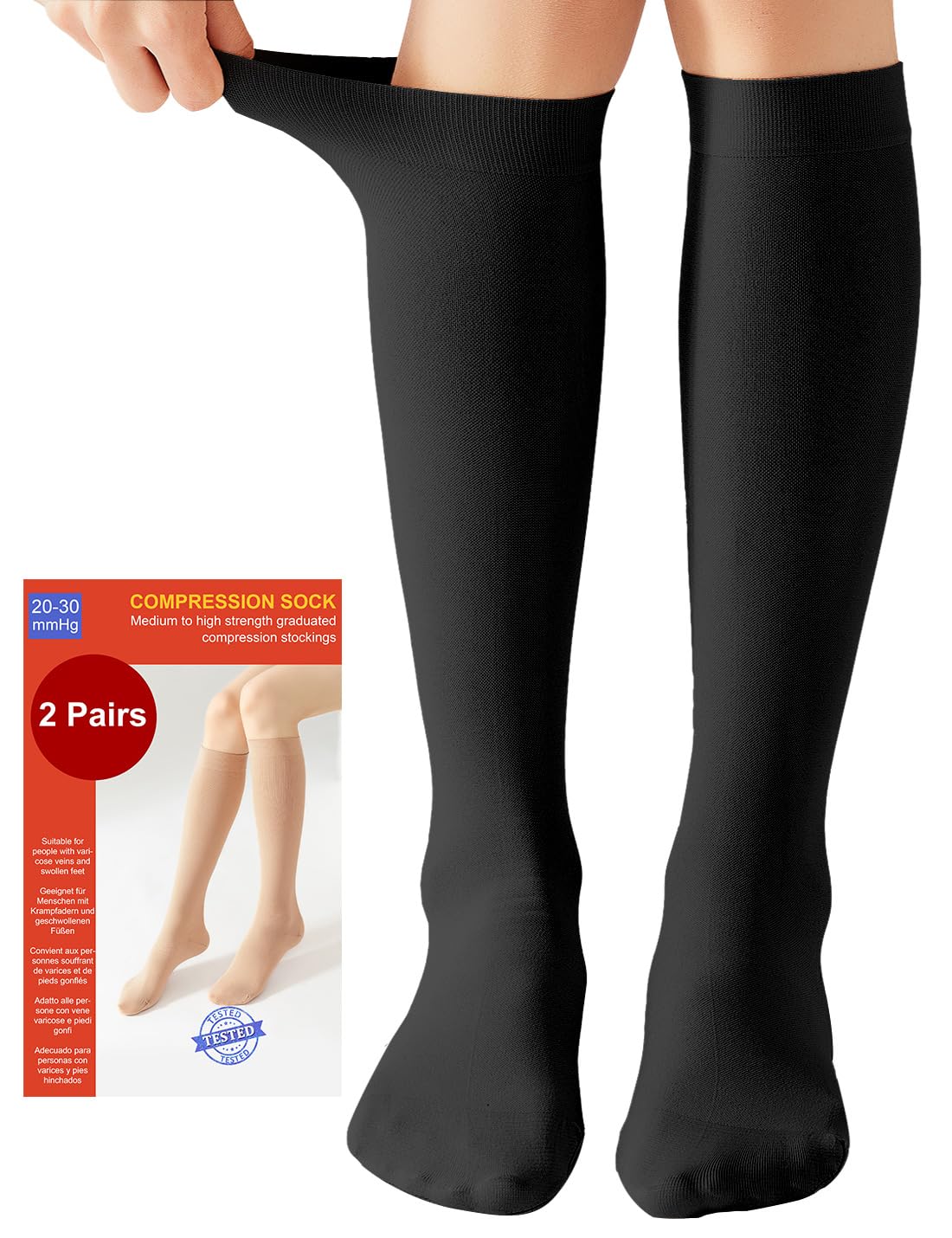 2 Pares Medias de Compresión Mujer y Hmbre Médicas Circulacion, 20-30 mmHg Clase 2, Calcetines Compresion para Varices, Edema, Vuelo