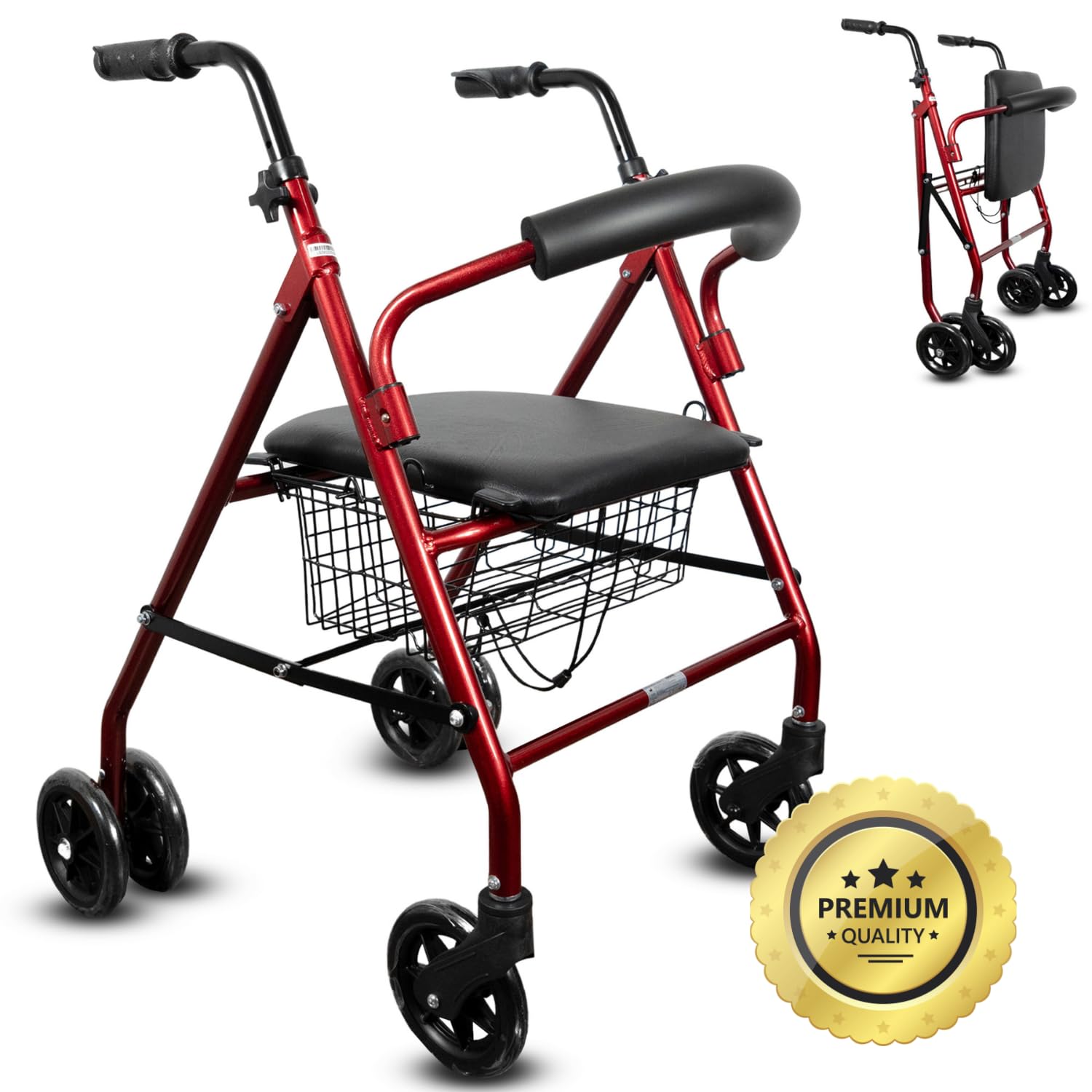 OrtoPrime Andador para Ancianos ROLLATOR de 4 Ruedas Plegable con Frenos a la Carga - Andador Ortopedia - Andadores adultos FRENO POR PRESIÓN - Caminadores para Mayores Andador con ASIENTO y CESTA