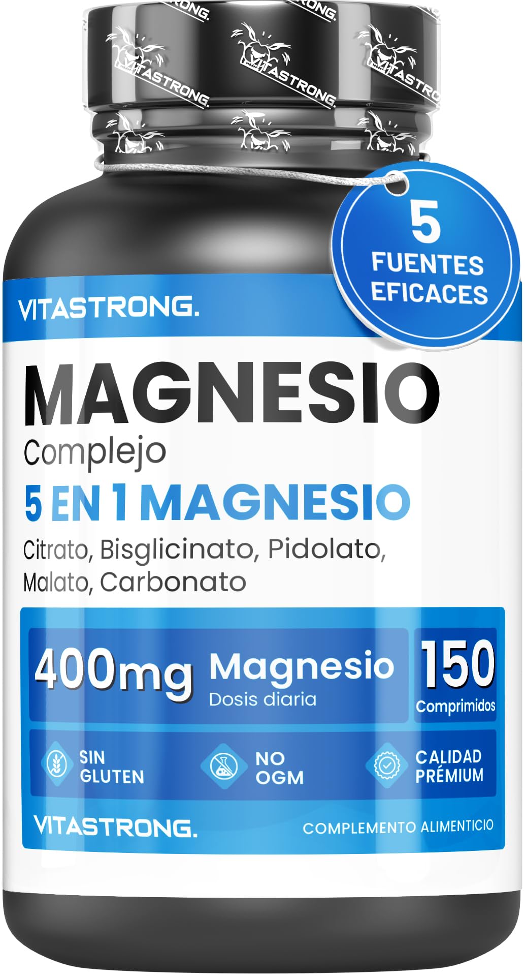 MAGNESIO COMPLETO 400mg - 5 en 1 Magnesio - Citrato de Magnesio + Bisglicinato de Magnesio + Magnesio Malato + Pidolato y Carbonato – Suplemento de Magnesio Antiestrés