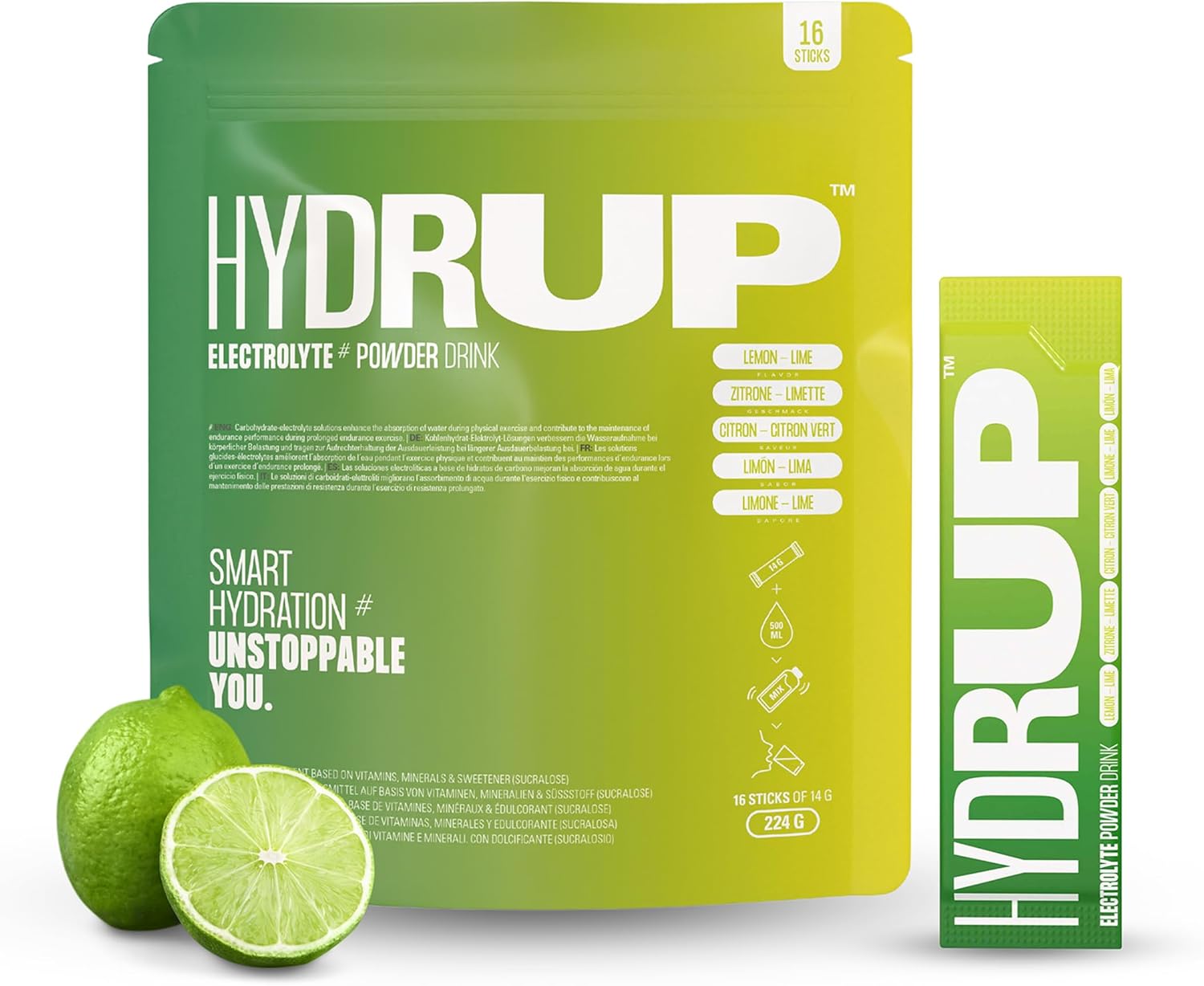 HYDRUP Electrolitos en Polvo 1733 mg - Hidratación Rápida y Energía al Instante, Sales Minerales con Vitaminas B y C para Deporte, Sabor Lima Limón, 16 Sobres Sin Gluten ni Lactosa