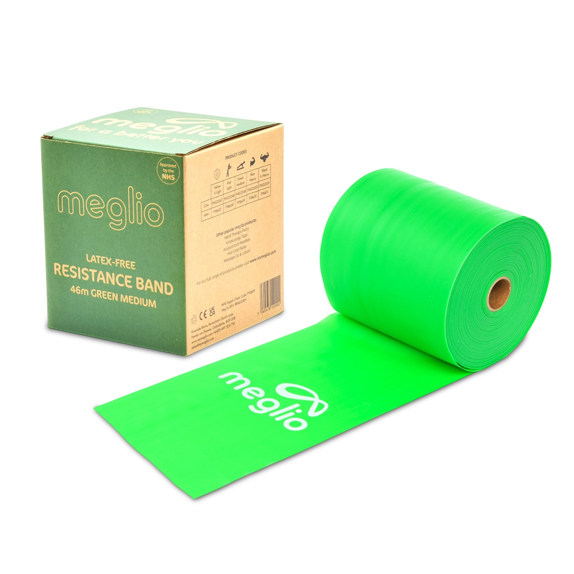 Meglio Banda de Resistencia sin Látex–Rollo de 46 metros. Variedad en resistencia - Cinco niveles desde extra suave hasta extra fuerte. Para fisioterapia y rehabilitación, deportistas, yoga, pilates y rutinas