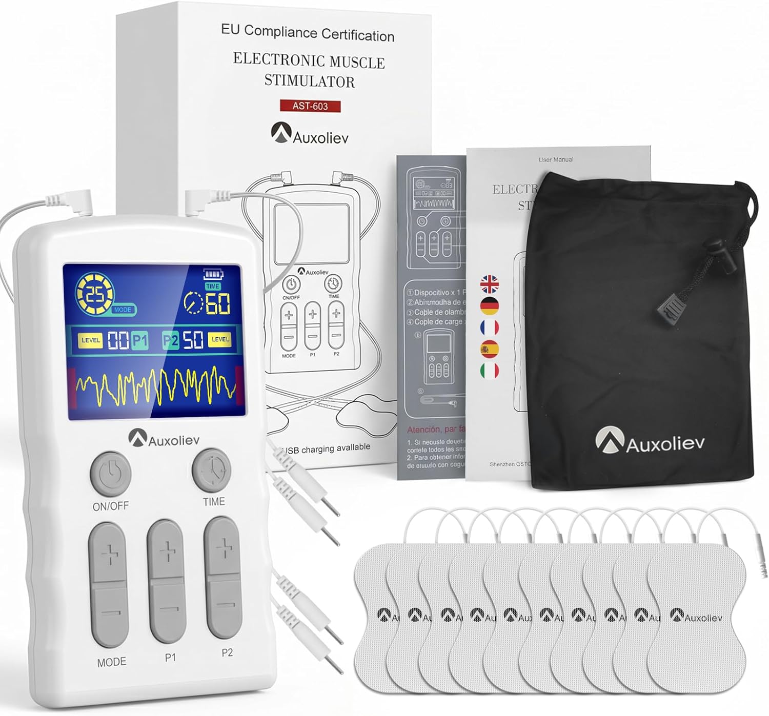 Auxoliev TENS/EMS Electroestimulador Muscular, Dispositivo de Multiterapia y Rehabilitación con 25 Modos & 10 Electrodos, para aliviar el dolor muscular y fortalecer los músculos, con diseño patentado