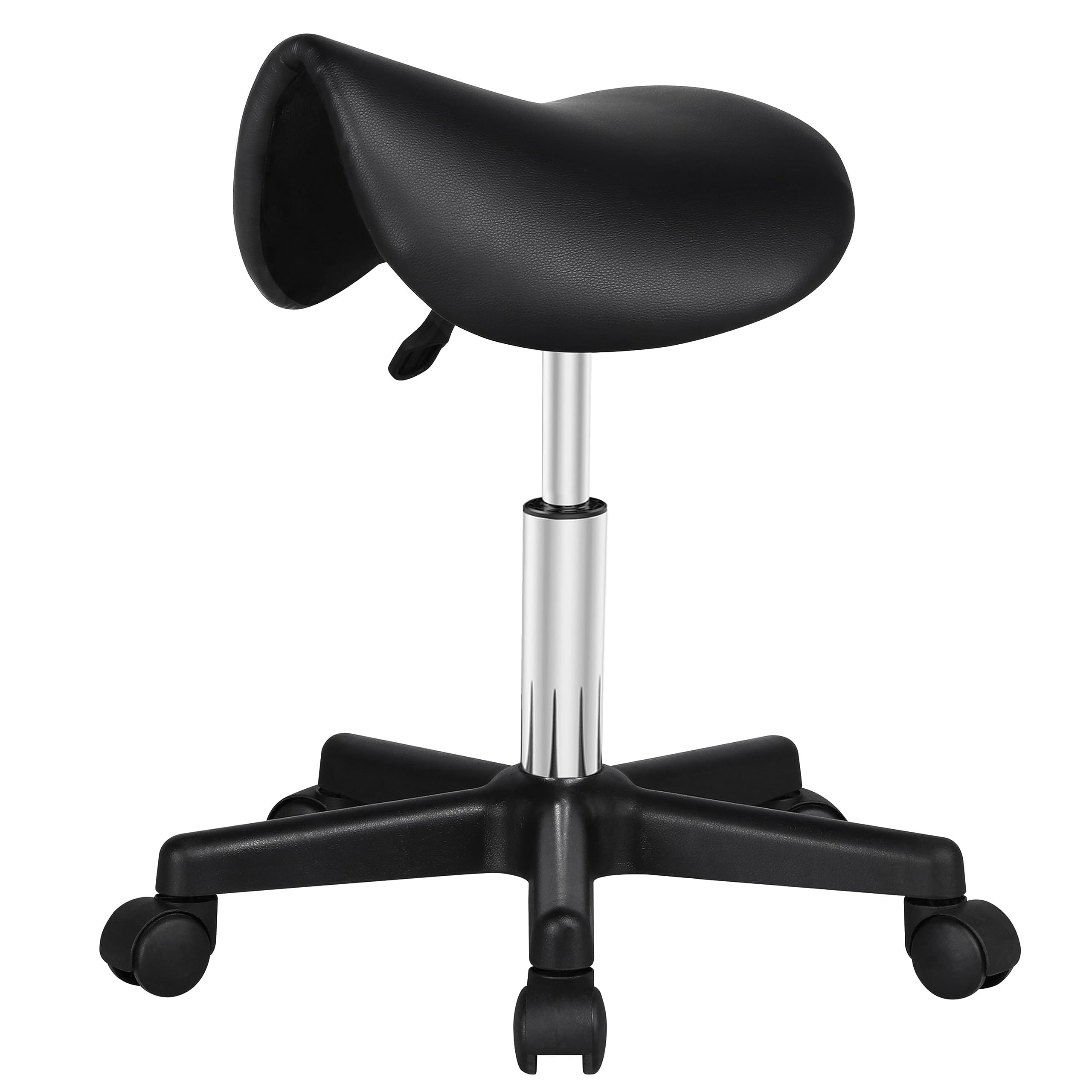 Yaheetech Taburete con Ruedas Taburete Regulable con Respaldo Silla Alta Giratorio para Peluquería Tocador Maquillaje Bar Negro