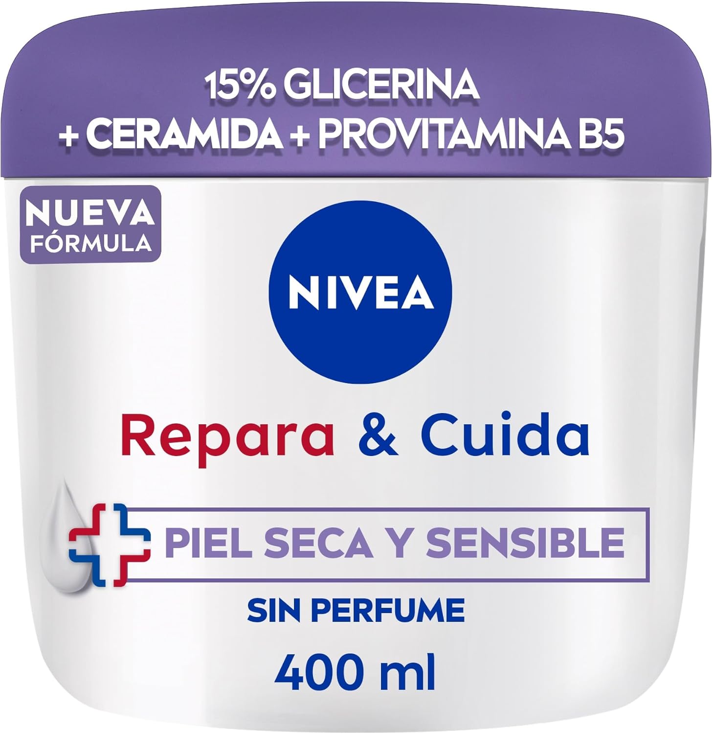 NIVEA Repara & Cuida Crema hidratante corporal, facial y para manos (1 x 400 ml), crema hidratante 72 h con glicerina y pantenol, para piel seca y sensible, sin perfume