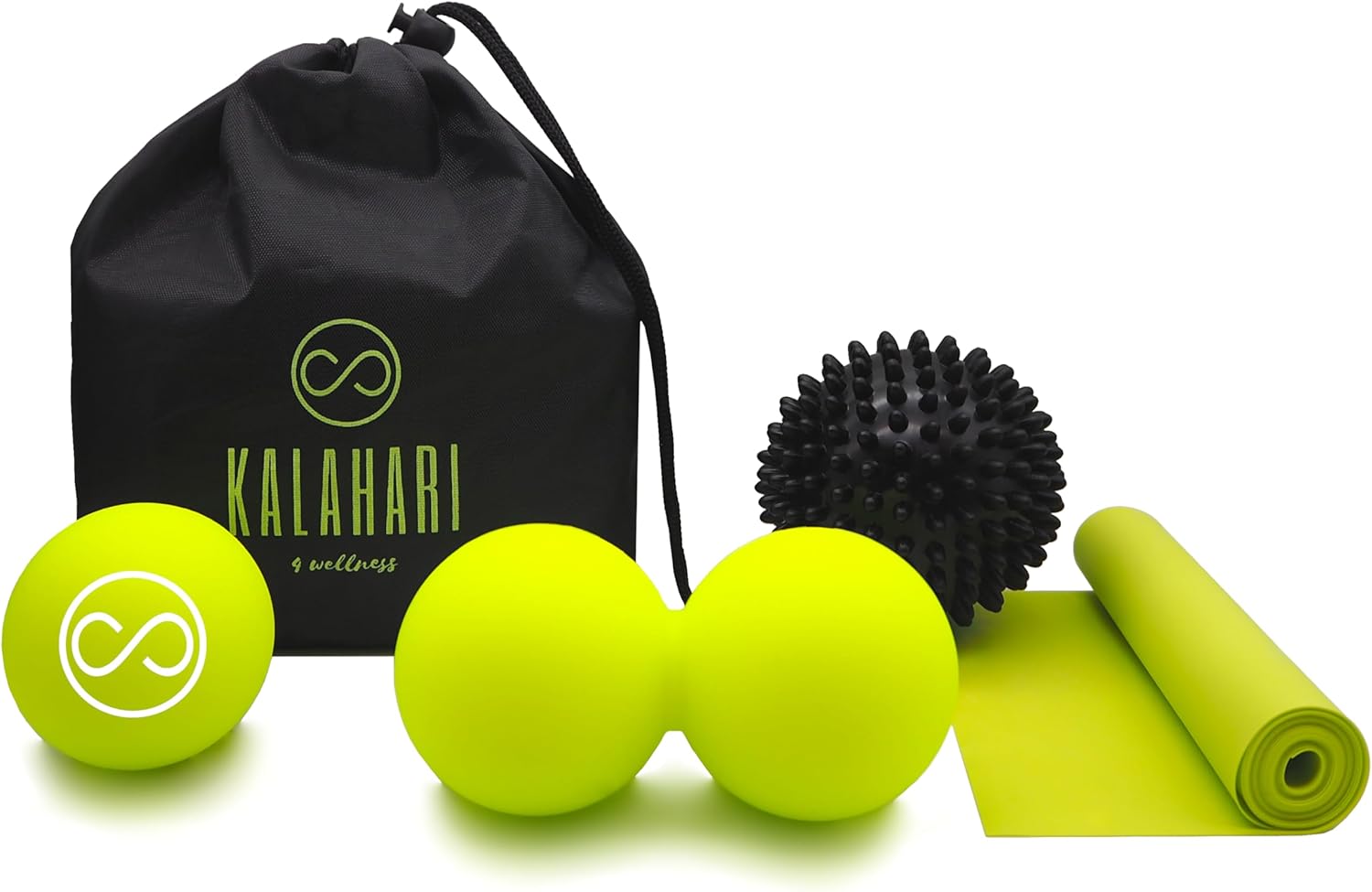 KALAHARI Bolas de Masaje KIT, 4 en 1 más Ebook ejercicios en Español – Bola Doble, con Pinchos, de Lacrosse, Banda Elástica y Bolsa - Terapia de Trigger Point y Pelotas Automasaje muscular Miofascial