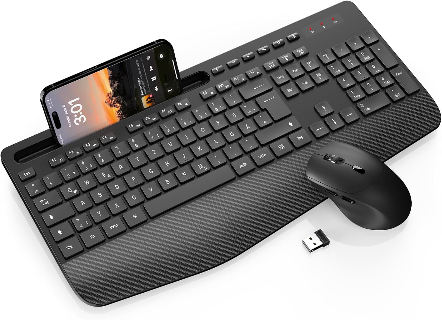 Juego de teclado y ratón inalámbrico, teclado ergonómico de tamaño completo con reposamuñecas, soporte para teléfono, modo de suspensión, teclado y ratón inalámbricos silenciosos de 2,4 GHz para Mac
