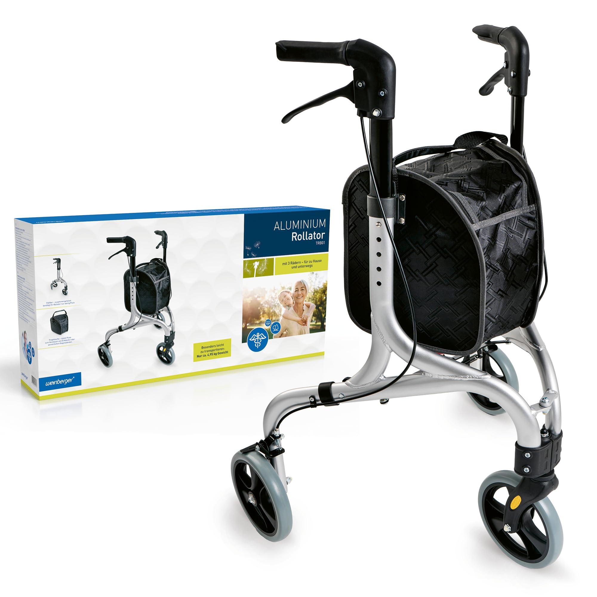 faltbarer, klappbarer Aluminium Rollator mit 3 Rädern und Tasche, schmal, leicht und wendig, nur 4,2 kg, Farbe: Silber-Schwarz, Modell: 02217