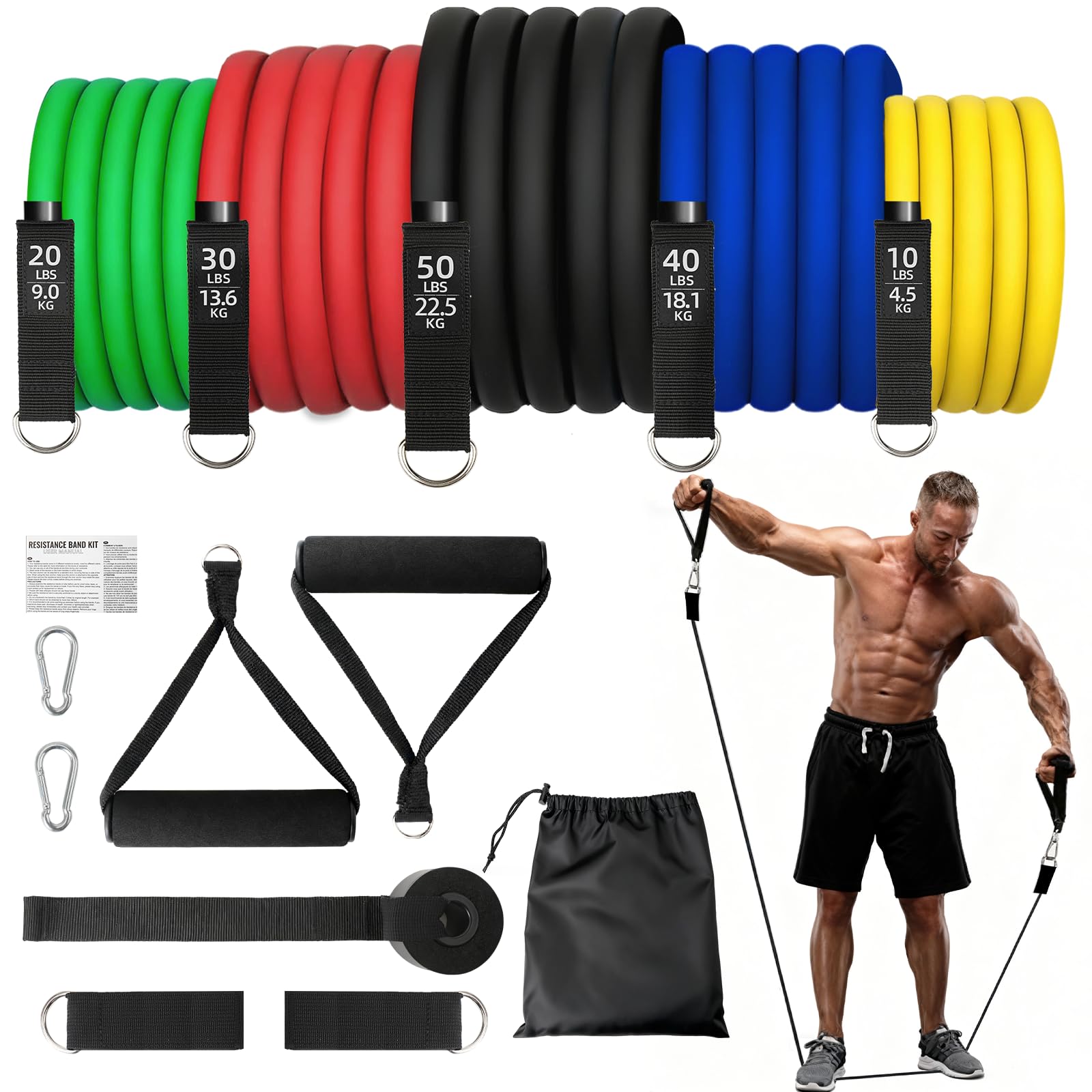 Gomas Elasticas Musculacion,5 Diferentes Niveles Bandas Elasticas Musculacion,10-150LBS Cintas Elasticas Musculacion con Anclaje para Puerta,Asas,Correa para Tobillo,Bandas de Resistencia
