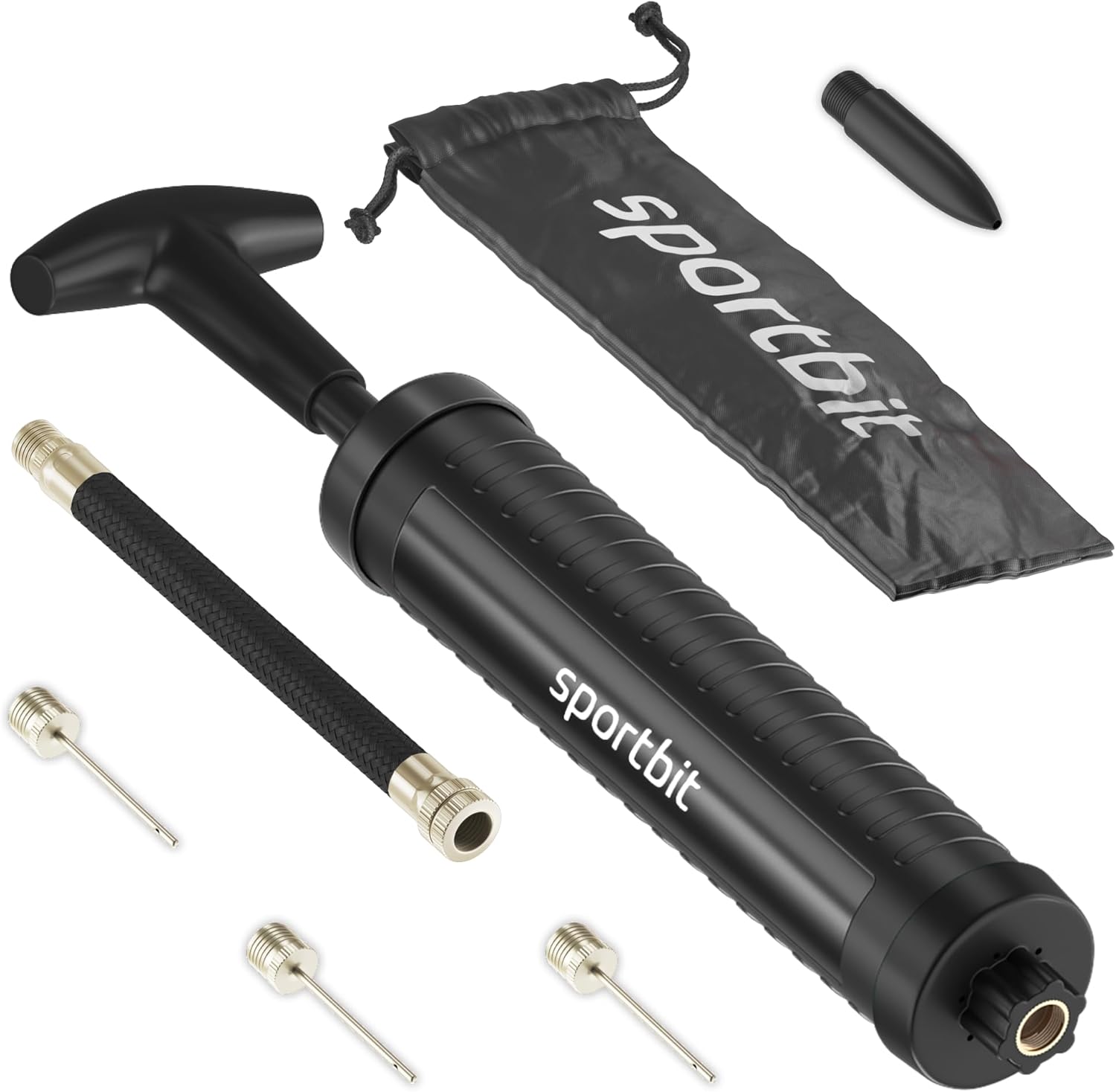 SPORTBIT Bomba de Aire para Pelotas con 3 Agujas, Boquilla, Manguera de extensión y Bolsa – Inflador portátil para fútbol, Baloncesto, Voleibol y Otros inflables