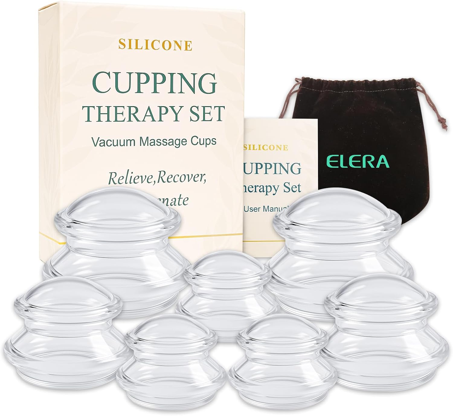 ELERA Ventosas de Silicona, Ventosas Celulitis Fisioterapia Copas, Masaje Corporal Vacío Chino, Terapia Ahuecamiento para Adultos, Relaja tus Musculos (7 Tazas)