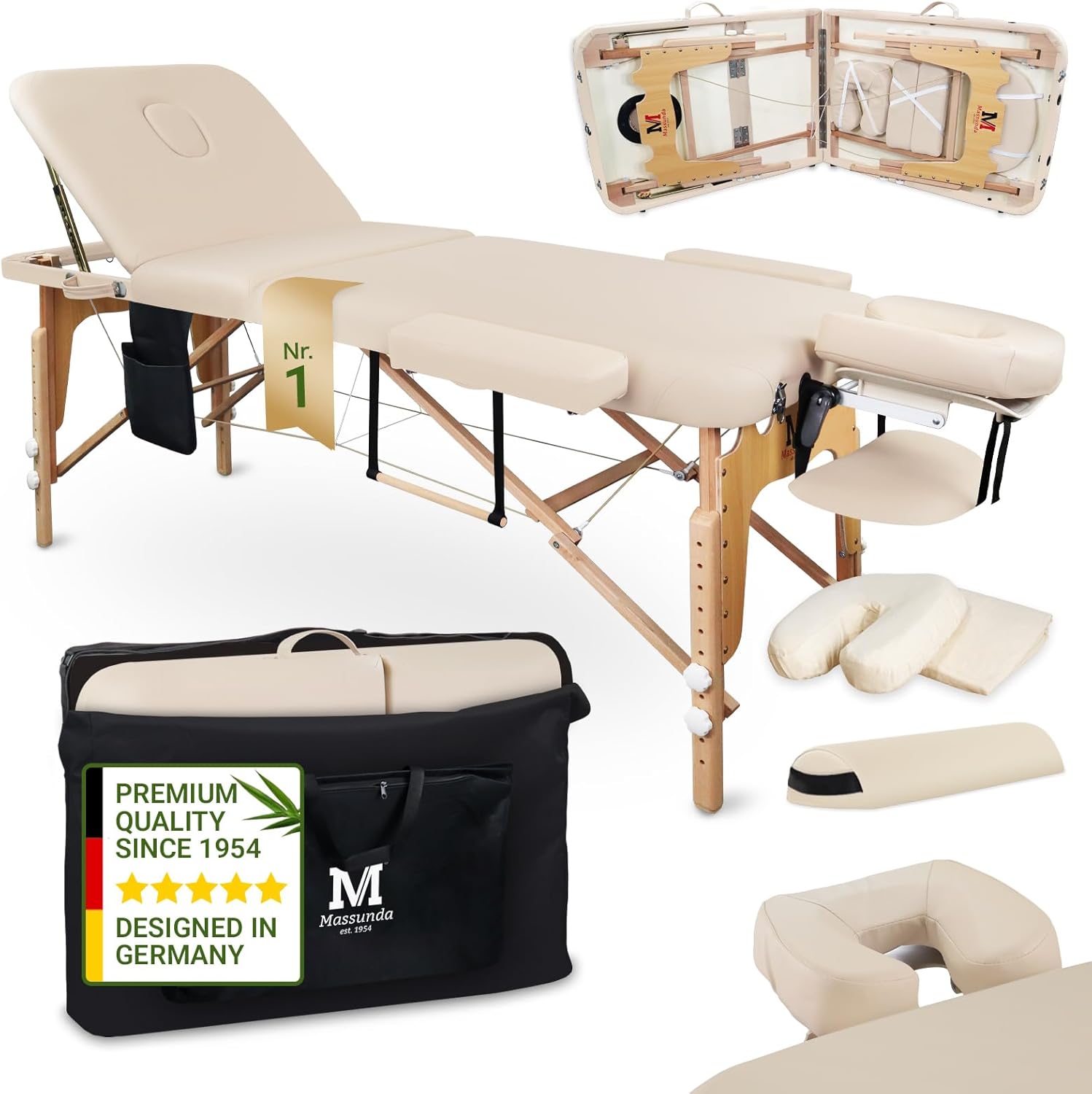 MASSUNDA All - Tumbona de Masaje Plegable y de Altura Regulable de Madera Maciza, Mesa de cosméticos móvil con Funda de Rizo, reposabrazos y Respaldo, cojín Cervical, reposacabezas ergonómico