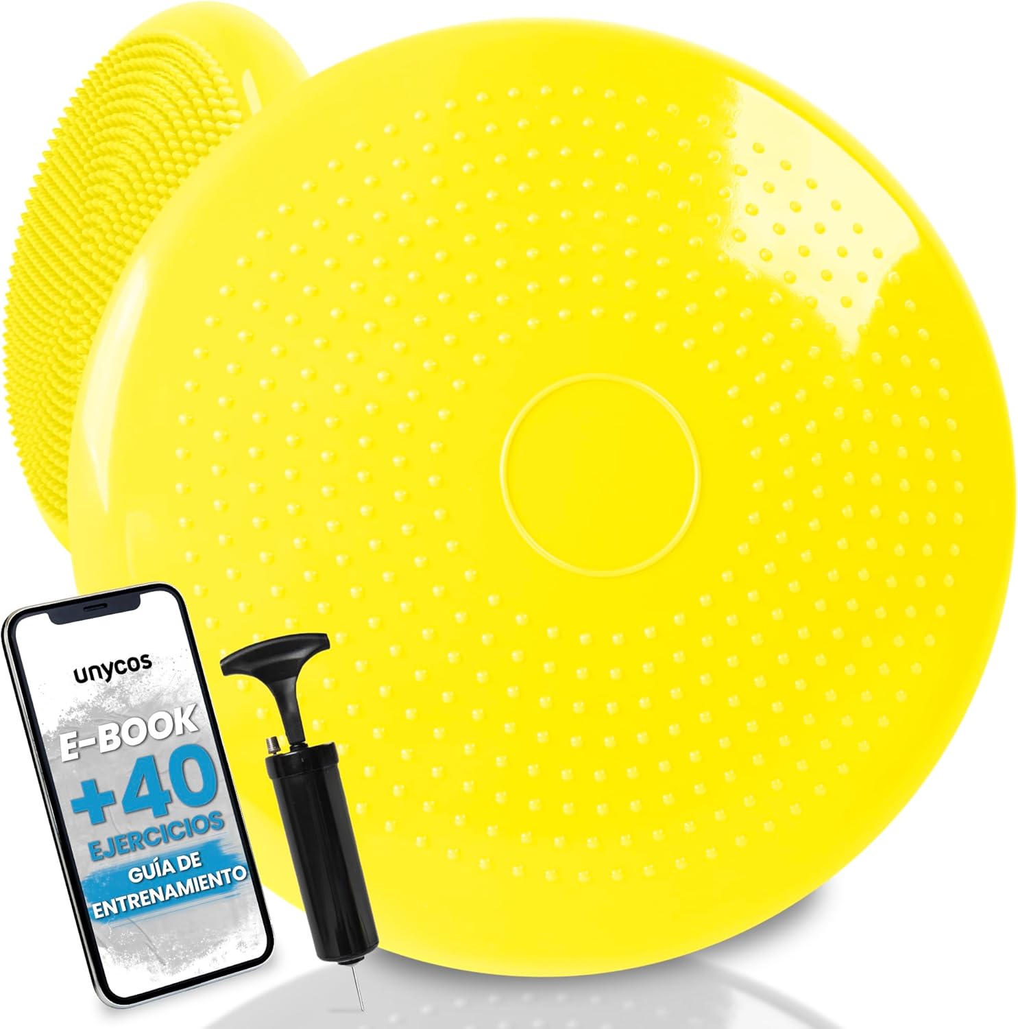 unycos - Cojín de Equilibrio【34 cm】con Bombín, Disco Propioceptivo, Antideslizante y Terapéutico que Resiste 150 kg, Soporte Lumbar para Yoga, Pilates, Fitness y Rehabilitación (Basic)