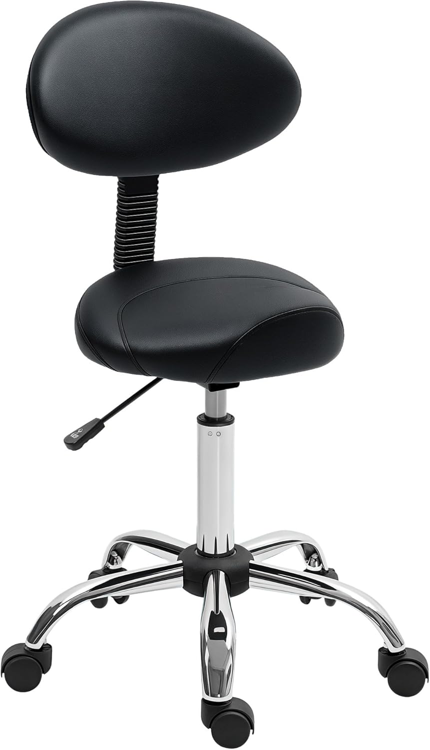 HOMCOM Taburete Giratorio con Ruedas y Respaldo Extraíble, Taburete de Trabajo con Altura Regulable 83-98 cm, Asiento Tapizado de Cuero Sintético, Negro