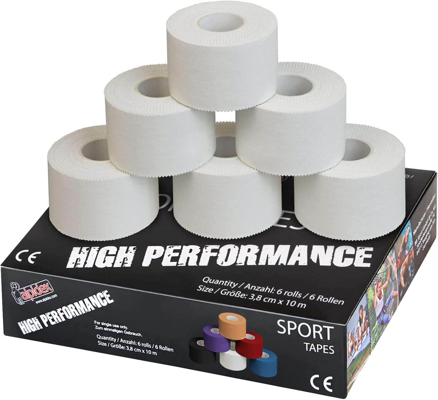 ALPIDEX 6 x Cinta Adhesiva Deportiva 3,8 cm x 10 m Sport Tape 100% Algodón Inelástica Balonmano Fútbol Voleibol Escalada