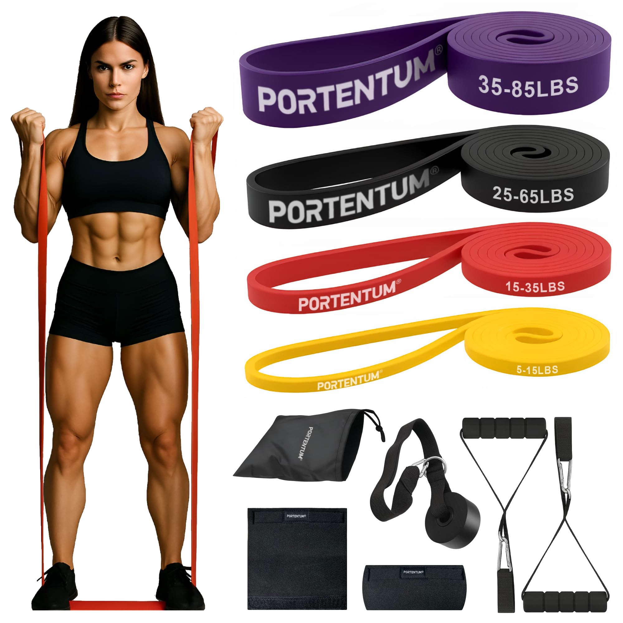 PORTENTUM Gomas elasticas musculacion – Set de Bandas de resistencia 4 o 5 niveles intensidad – Asas, anclaje puerta, fundas y bolsa – Gimnasio en casa hombres y mujeres – Fuerza Fitness Crossfit Yoga