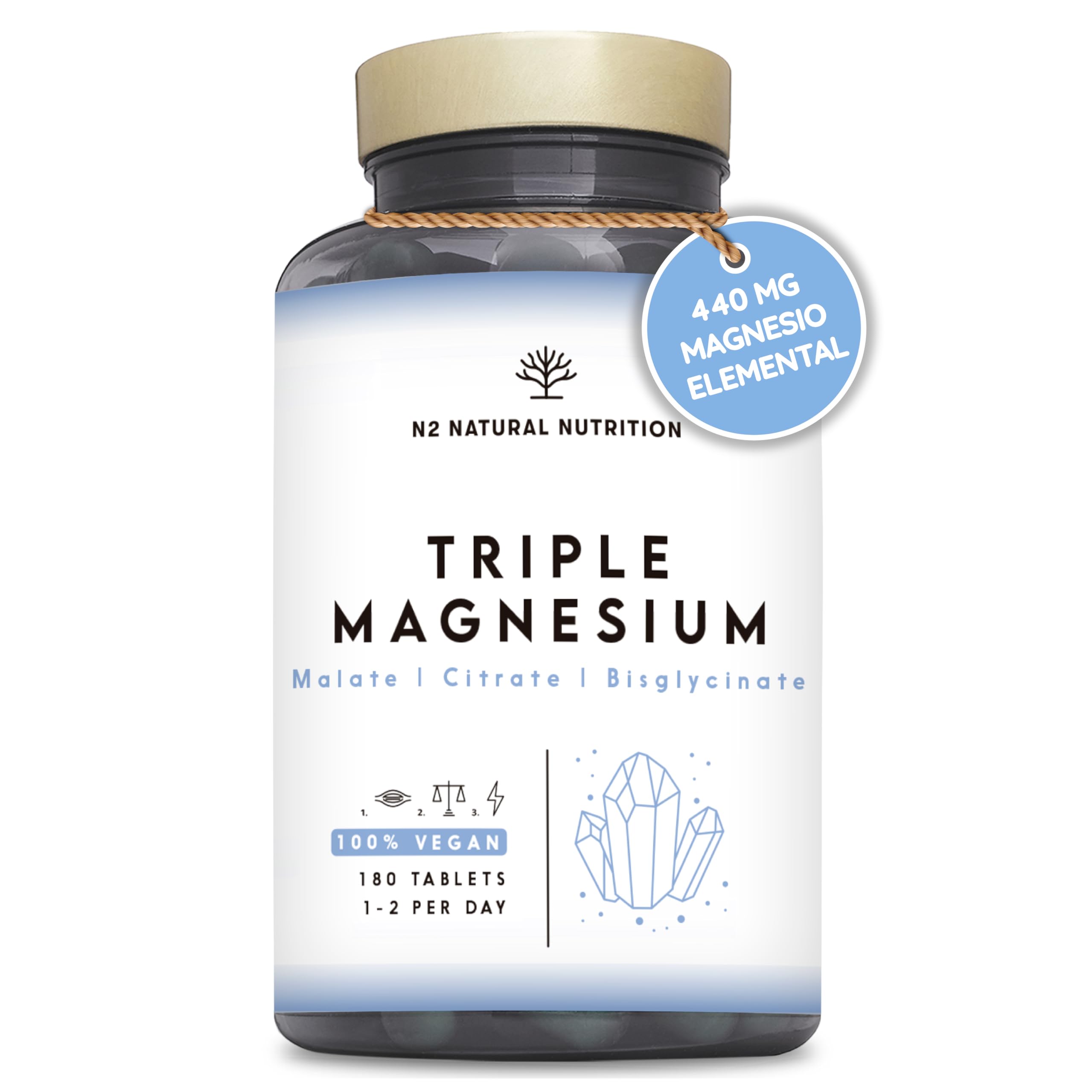 Citrato de Magnesio 1440mg + Magnesio Bisglicinato 600mg + Malato 600mg. 440mg de Magnesio Elemental de Alta Biodisponibilidad. Reduce Cansancio, Alivia Dolor Articulaciones y Músculos. 3 meses. N2