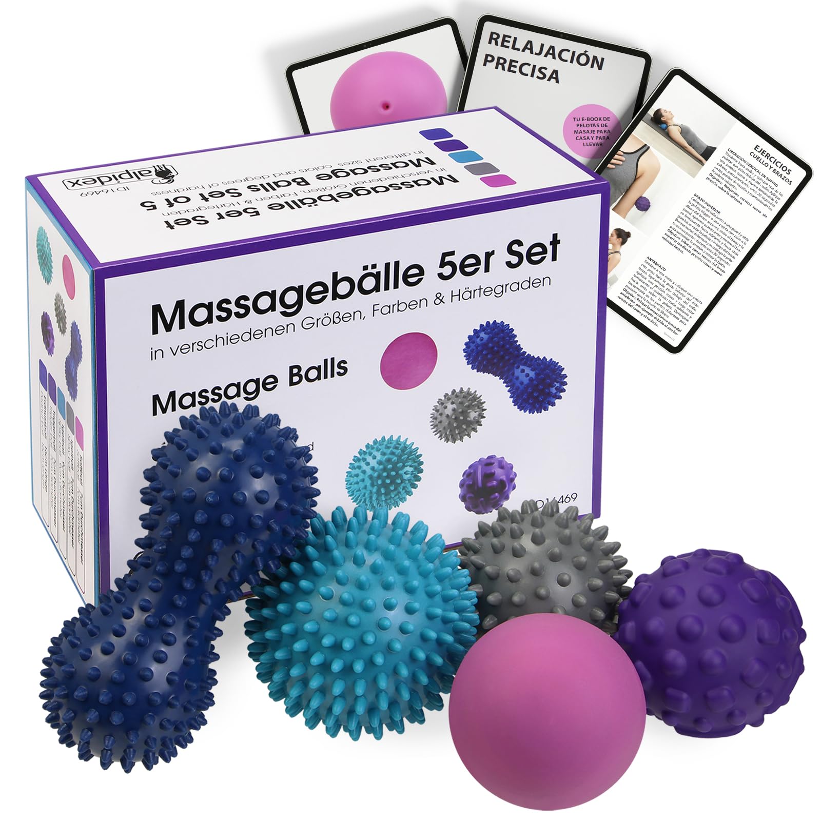 ALPIDEX Bolas de masaje set de 5 – bola de pinchos, lacrosse, peanut y trigger point | diferentes durezas | con e-book