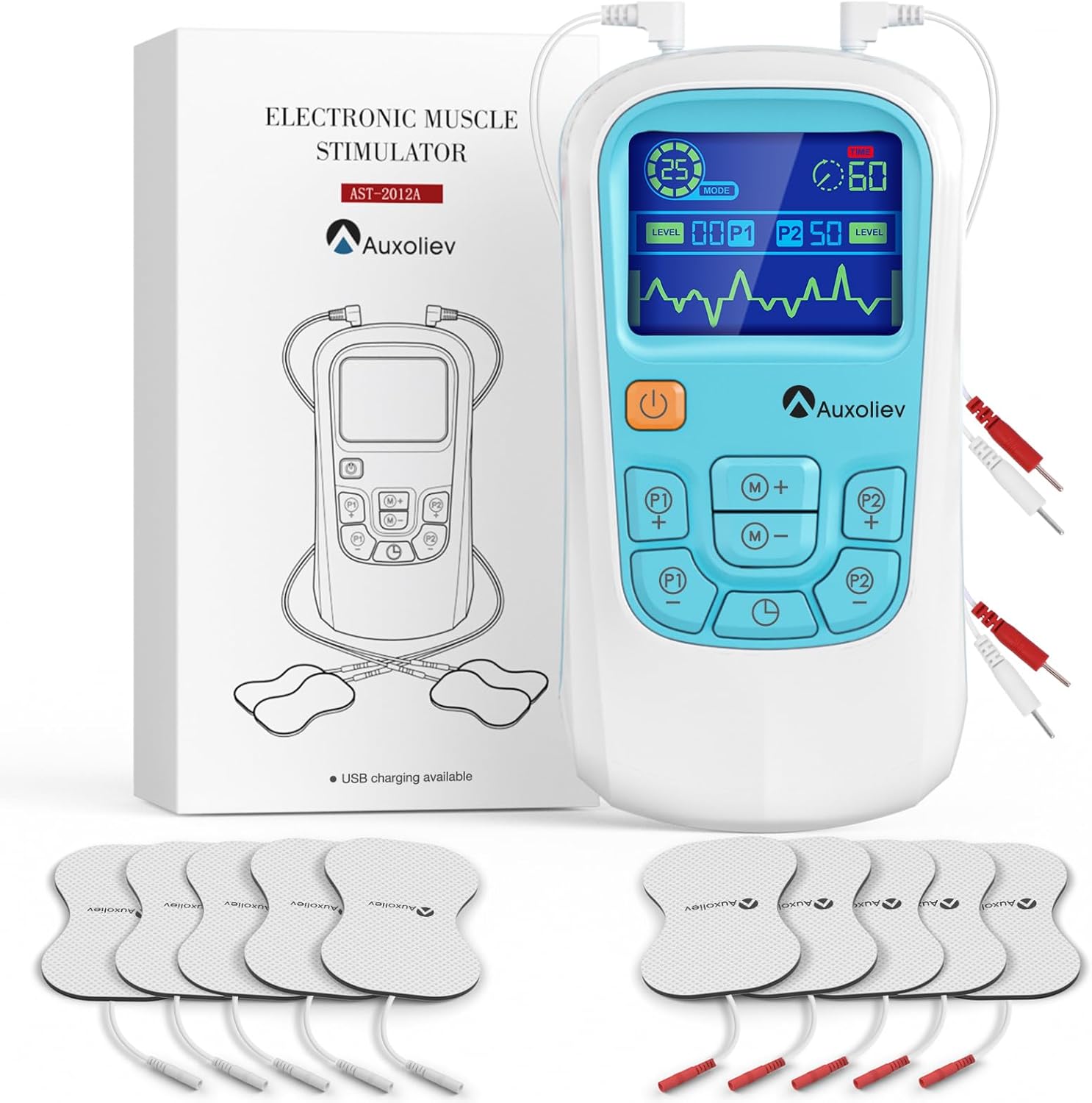 AUXOLIEV Electroestimulador Muscular Función de Masaje, A/B Canales TENS/EMS de Masaje Terapia Maquina, Microcorriente y Carga USB, 25 Modos de Masaje + 50 Intensidad para Largo Plazo (Azul Blanco)