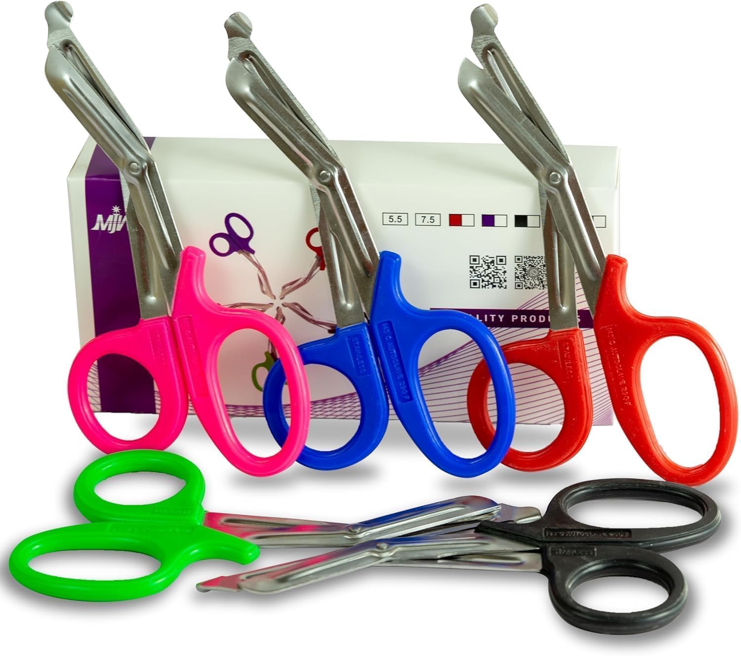 MJW Juego de 5 Tijeras para Traumatismos de Acero Inoxidable de 7,5 Pulgadas para Primeros Auxilios, Vendajes y Uso General en Cocina, Oficina