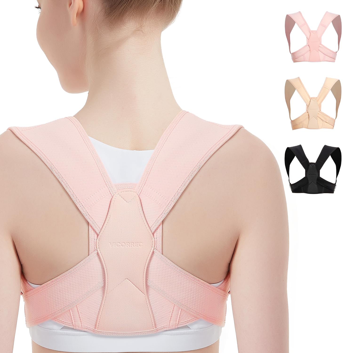 Vicorrect Corrector de postura ajustable para la parte superior de la espalda, apoya la clavícula y alivia el dolor de cuello, hombros y espalda alta, talla S/M
