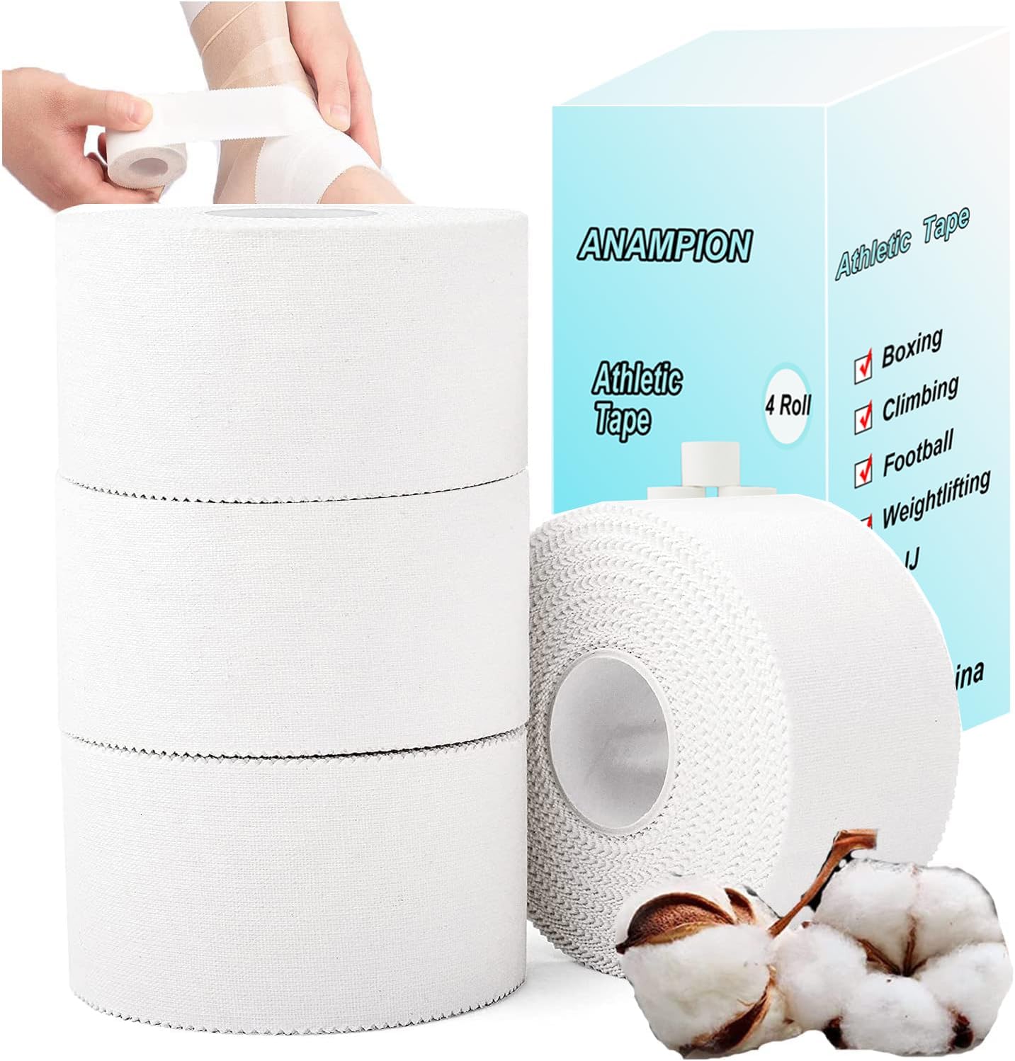 ANAMPION 4 X Cinta Adhesiva Deportiva (3,8cmx9.1M)100% Algodón Sport Tape Hipoalergénica Para Vendaje Adhesivo Deportivo, Funcional Y Profesional,Para Crossfit, Escalada, Vóleibol, Boxeo, De Dedos