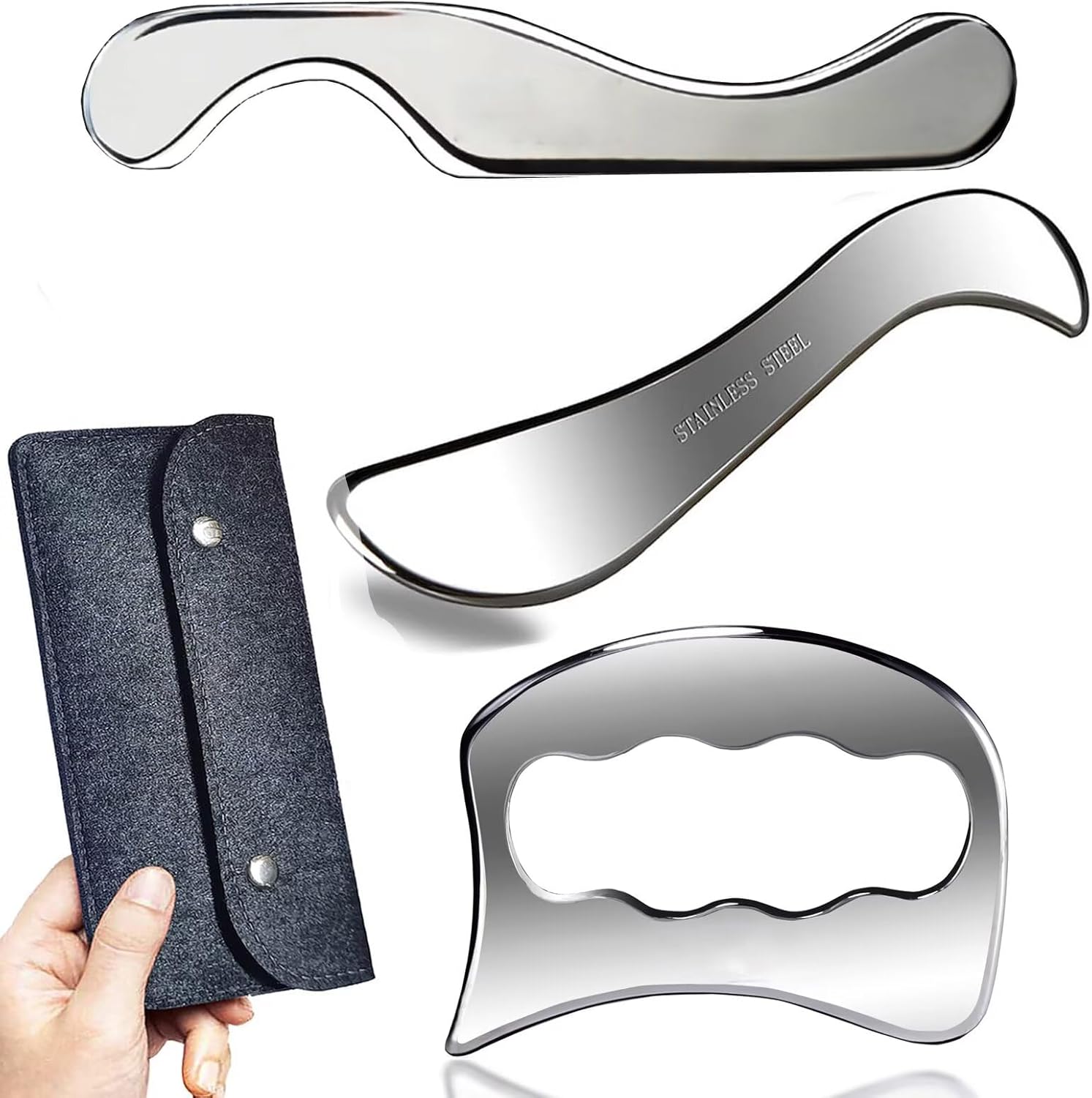Rascador muscular 3 en 1 de acero inoxidable Gua Sha, herramienta de masaje para raspar, herramientas IASTM, gran terapia física de tejidos blandos utilizada para espalda, brazos, piernas,