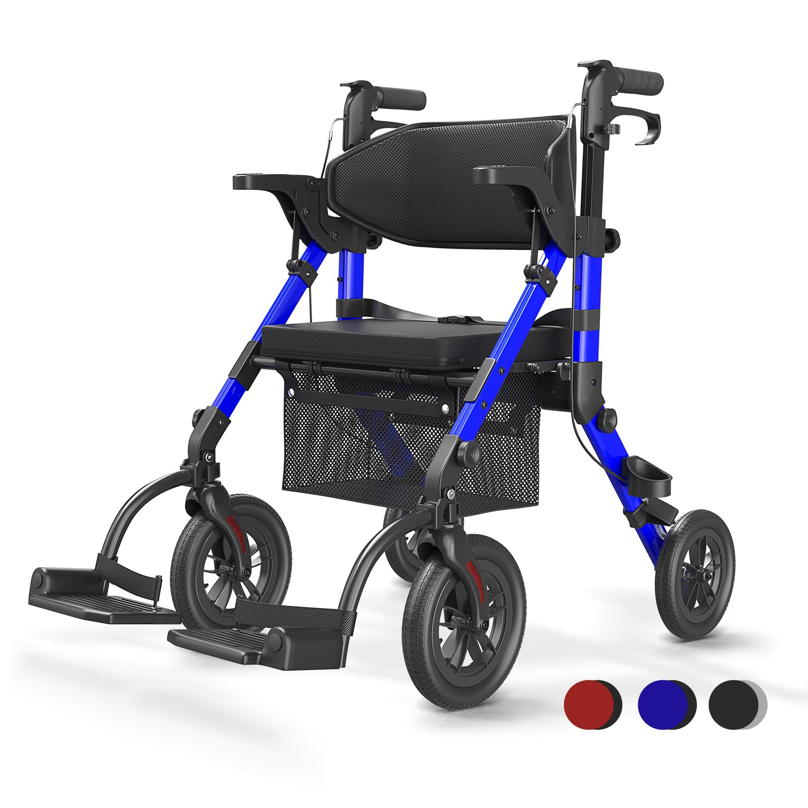 Andador Silla de rueda 2 en 1 Andadore para anciano mayores con asiento,Silla transporte Andador plegable ligero, Aluminio ajustable en altura para exteriores y viajes, Azul(5 años de garantía)