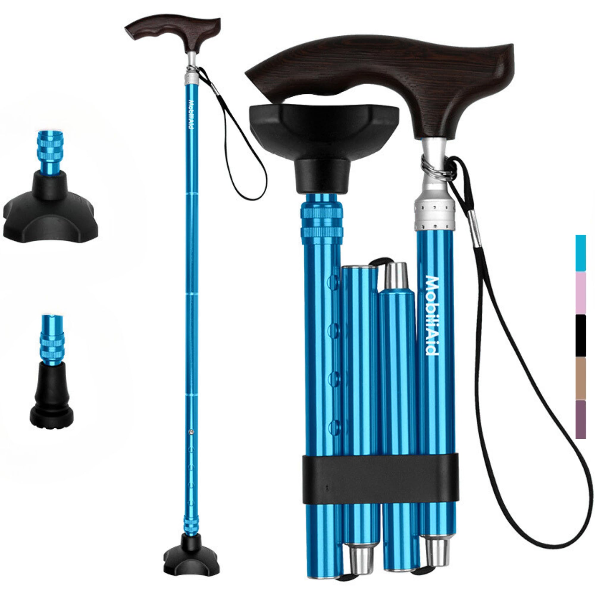 MobiliAid Bastón de lujo con mango de madera, bastón ligero plegable y plegable, altura ajustable y ligera, con punta de bastón adicional y bolsa de mano
