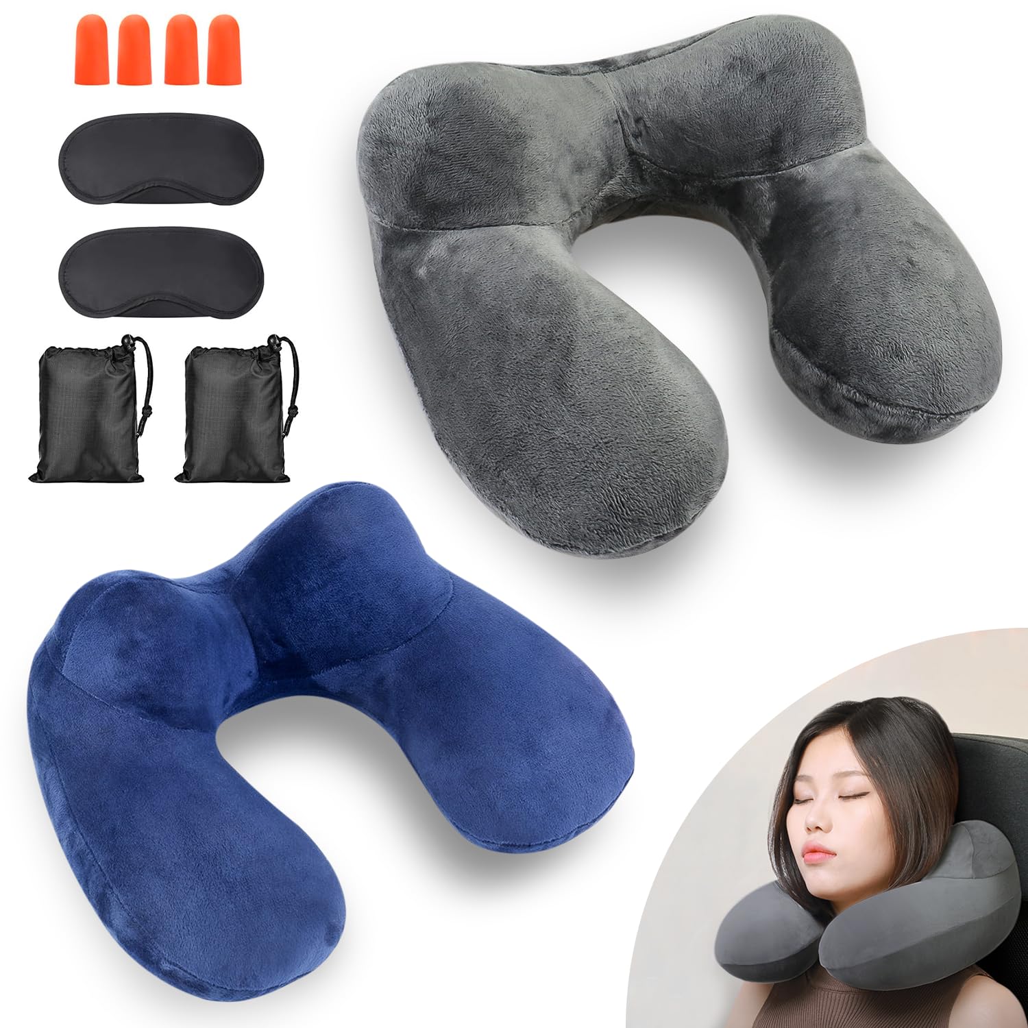 HOMURY 2 unidades Almohada cervical inflable: cojín cervical de avión almohada de viaje inflable con tapones para los ojos y bolsa, almohada de viaje inflable para camping, avión, viajes, tren, coche,