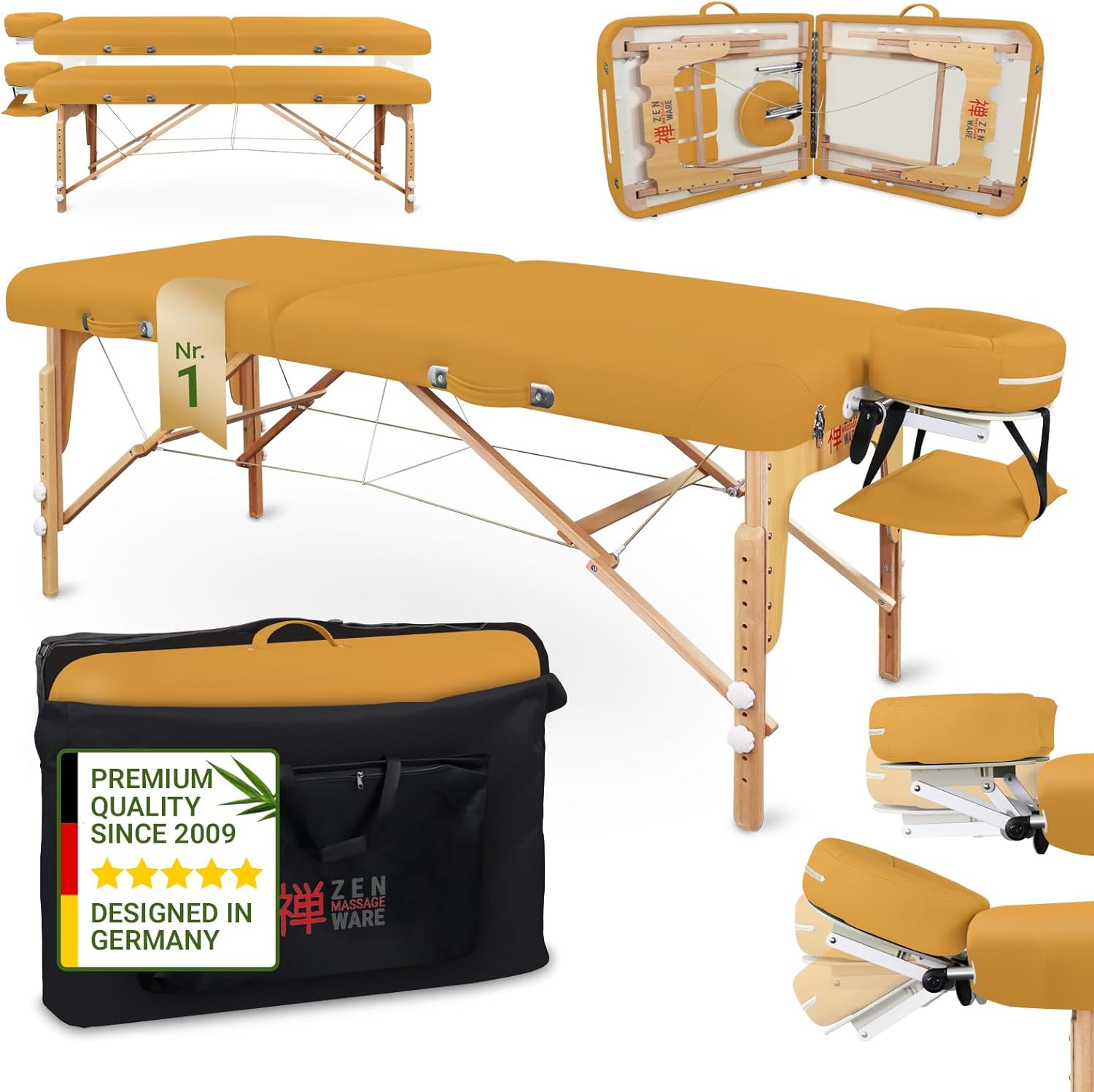 Zen – Camilla Masaje Plegable móvil de Esquinas Redondeadas Altura Regulable - Camilla estetica Madera Maciza para masajes Activos - Camilla Plegable con reposacabezas, reposabrazos y Bolsa Amarillo