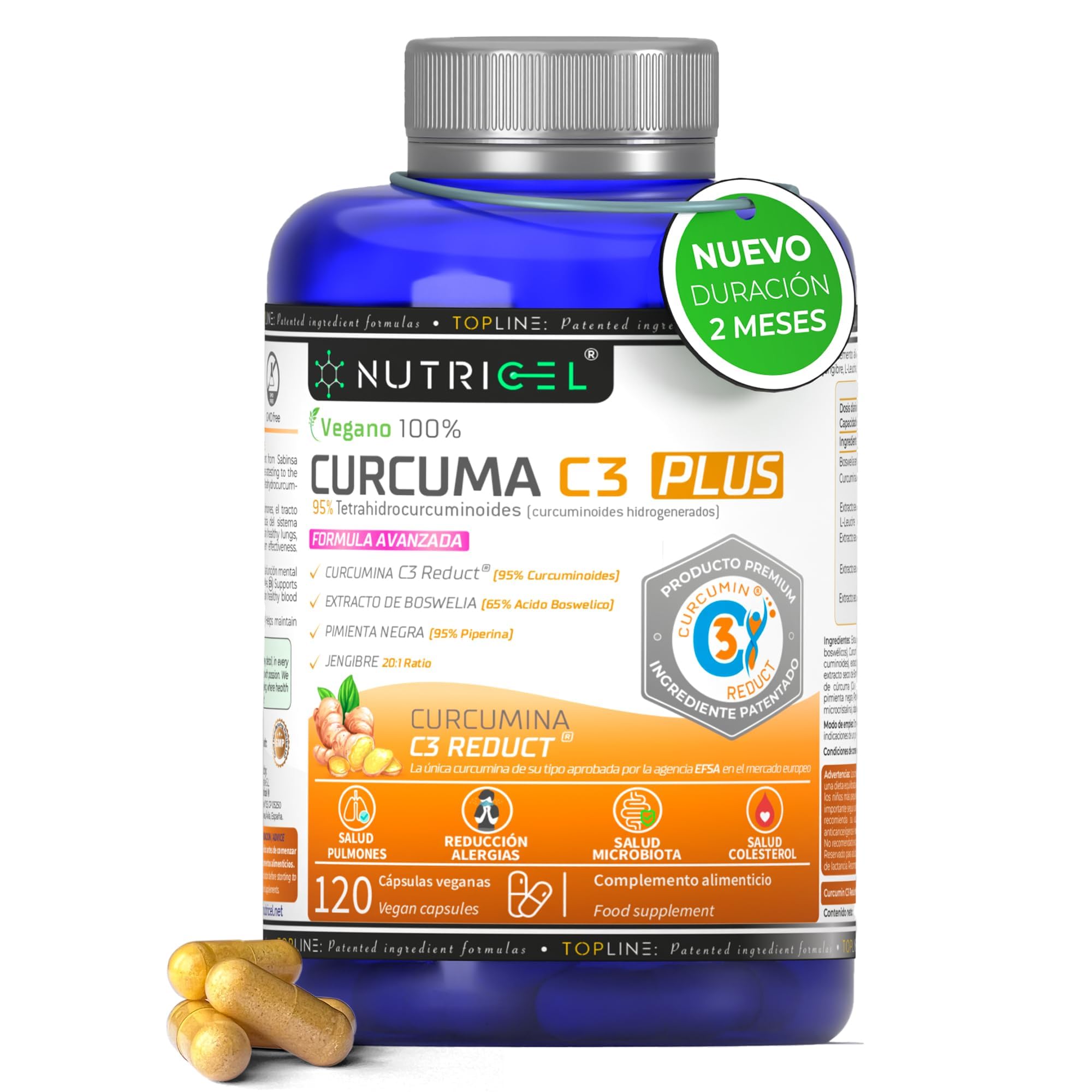 Cúrcuma C3 Reduct® Patentada con Extracto de Boswellia, Jengibre y Pimienta Negra, Potente Antiinflamatorio y Antioxidante Natural - Curcuma con estudios clinicos - EFSA Approved |120 Capsulas