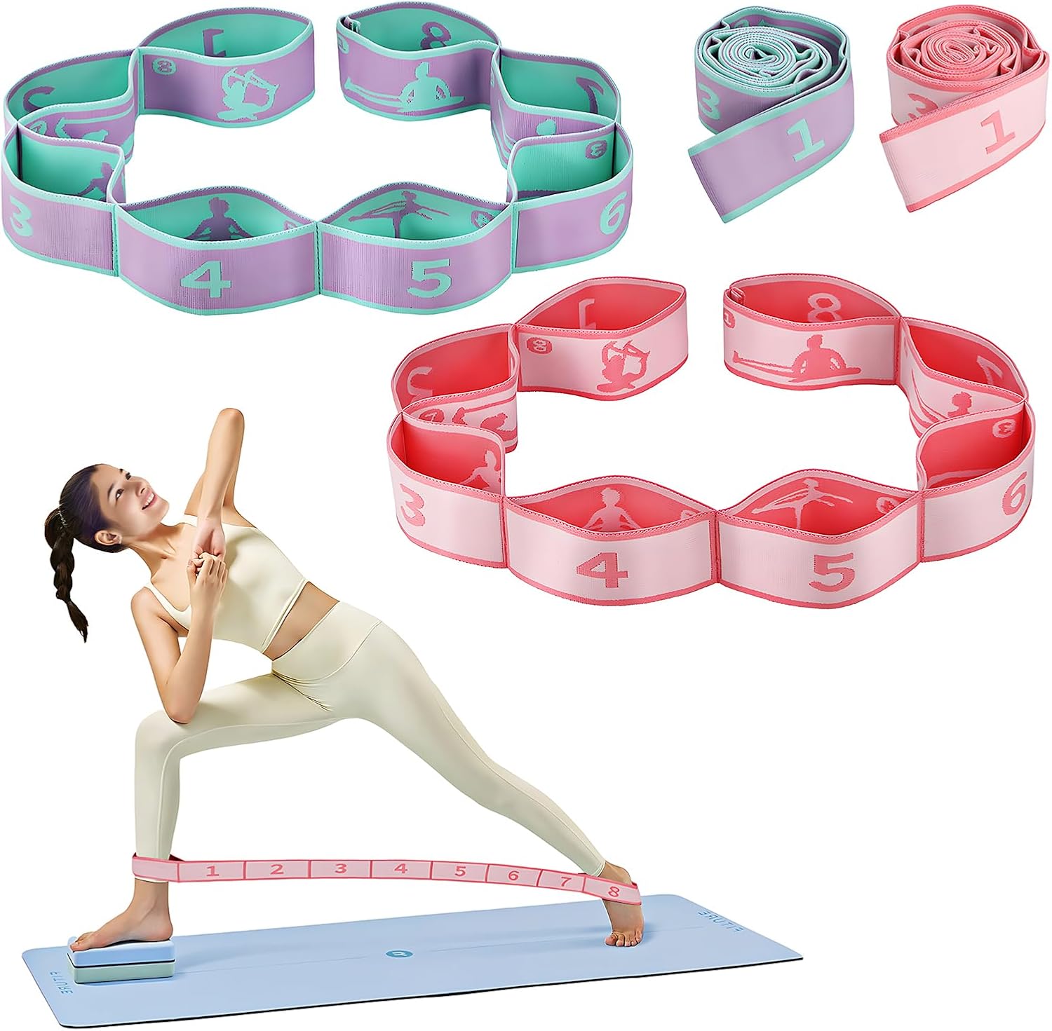 Fentar 2Pcs Correa Yoga, Bandas Elasticas Fitness con 8 Anillos, Correas para Yoga, Banda Elástica Cinturon Yoga, Cinta Pilates, Banda Elastica Fitness para Yoga Estiramiento Ejercicio Pilates