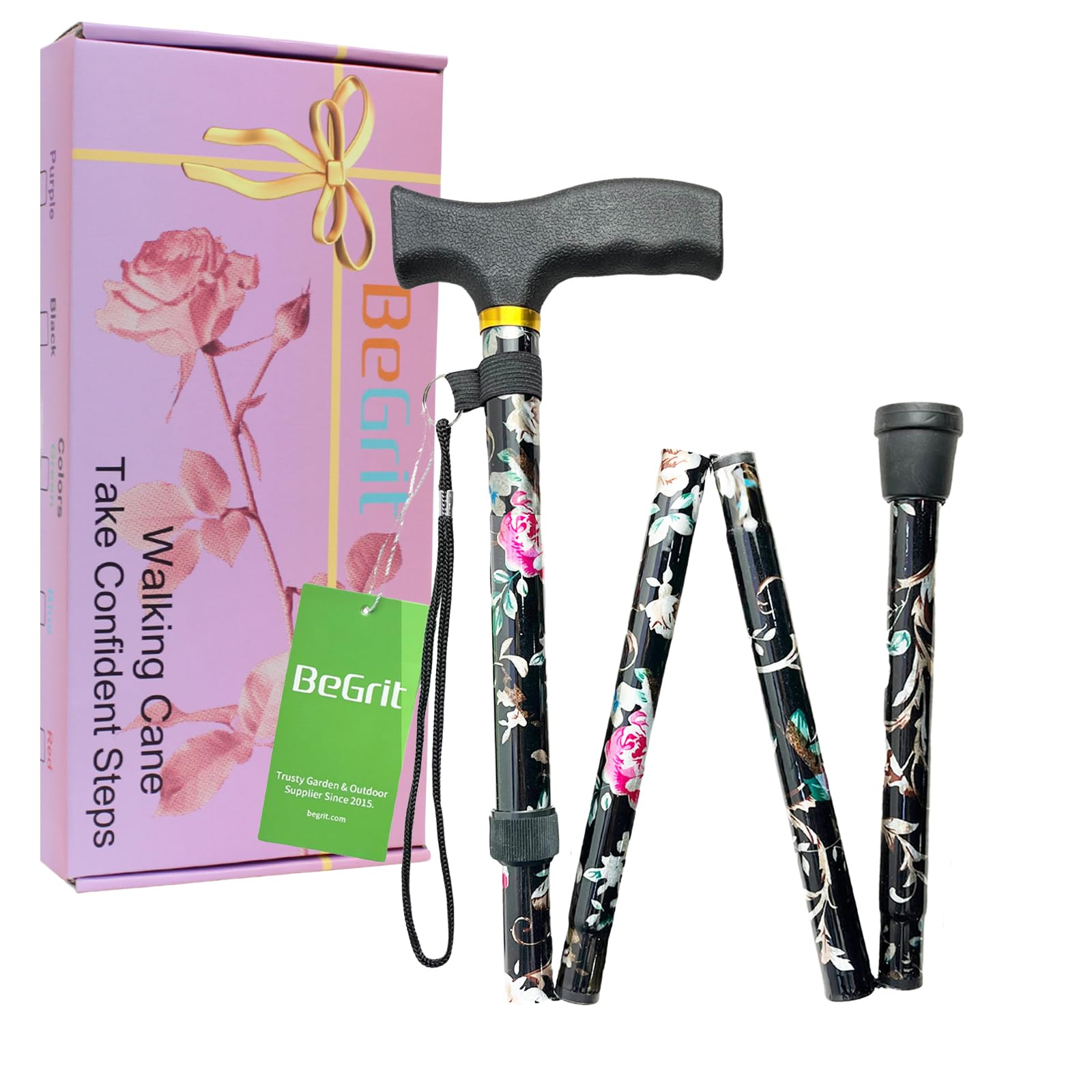 BeGrit Bastón Plegable, Bastones para Mujer, Baston Extensible Bastón Plegable Mujer, Bastón Flores, bastón de Aluminio Floral púrpura, bastón Plegable Ajustable de diseño