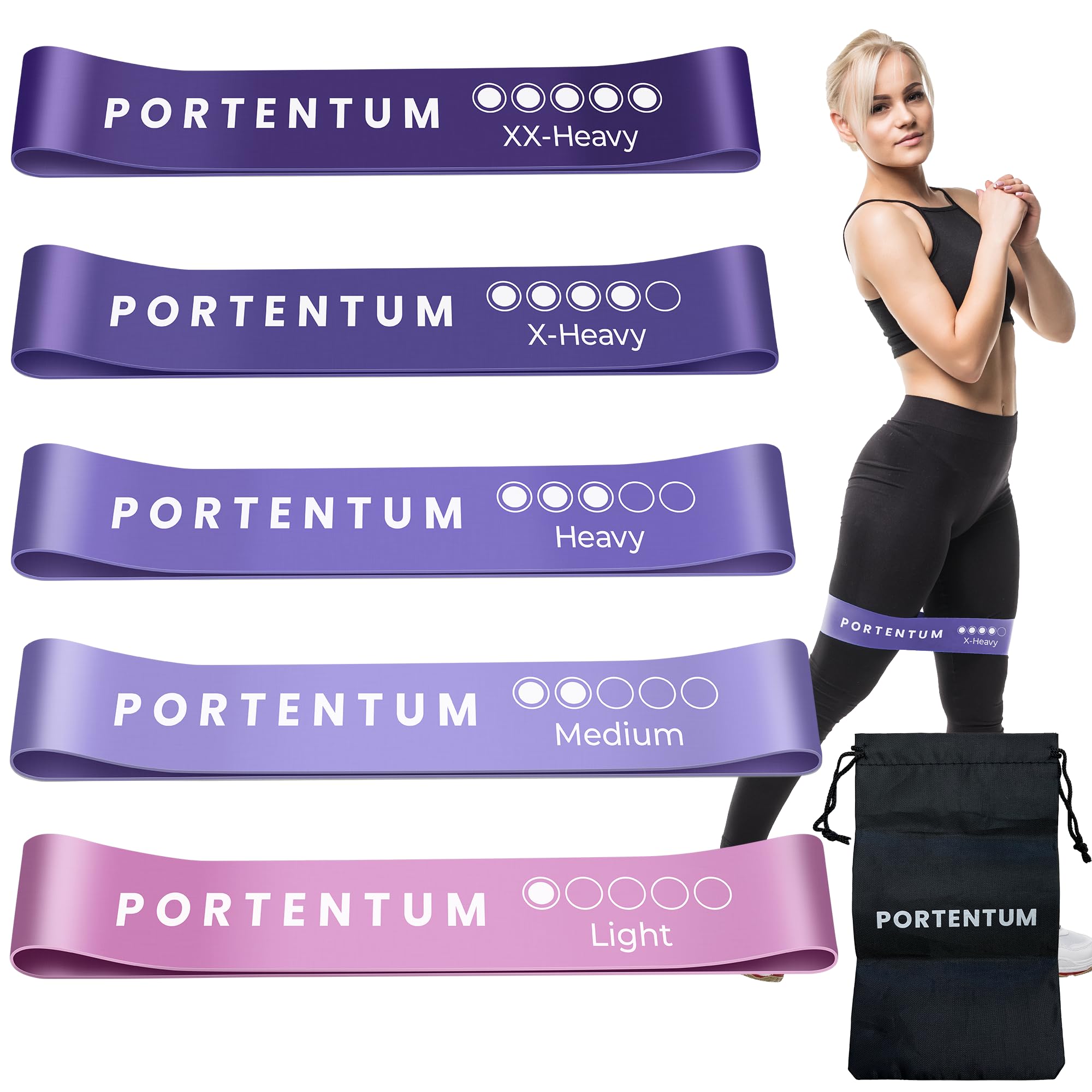 PORTENTUM Gomas Set de 5 Bandas Látex 100% y Bolsa Almacenamiento para Las Cintas elasticas musculacion, Unisex Adulto