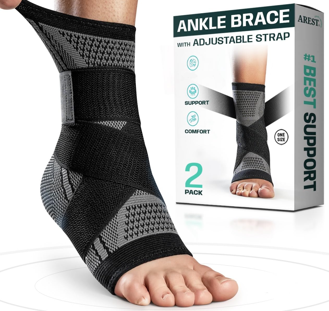 AREST (Pack de 2) Tobillera Estabilizadora - Tobillera Deportiva de Compresión - Tobillera Ajustable con Cintas de Compresión para Hombre y Mujer