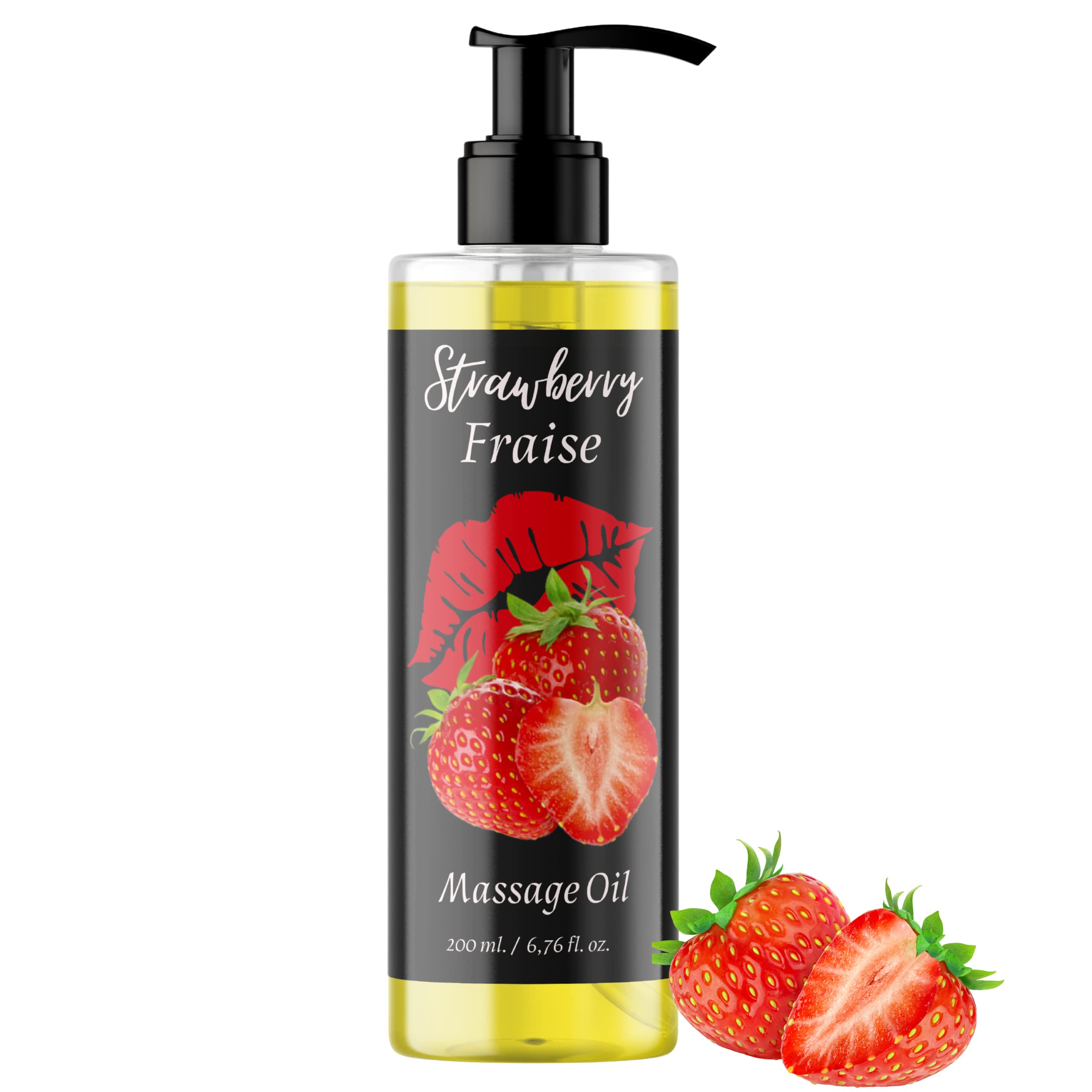 QKnatur - Aceite de Masaje Relajante con fragancia Fresa - 200 ml - Para masajes corporales relajantes - Máxima Hidratación y nutrición - Ideal para parejas