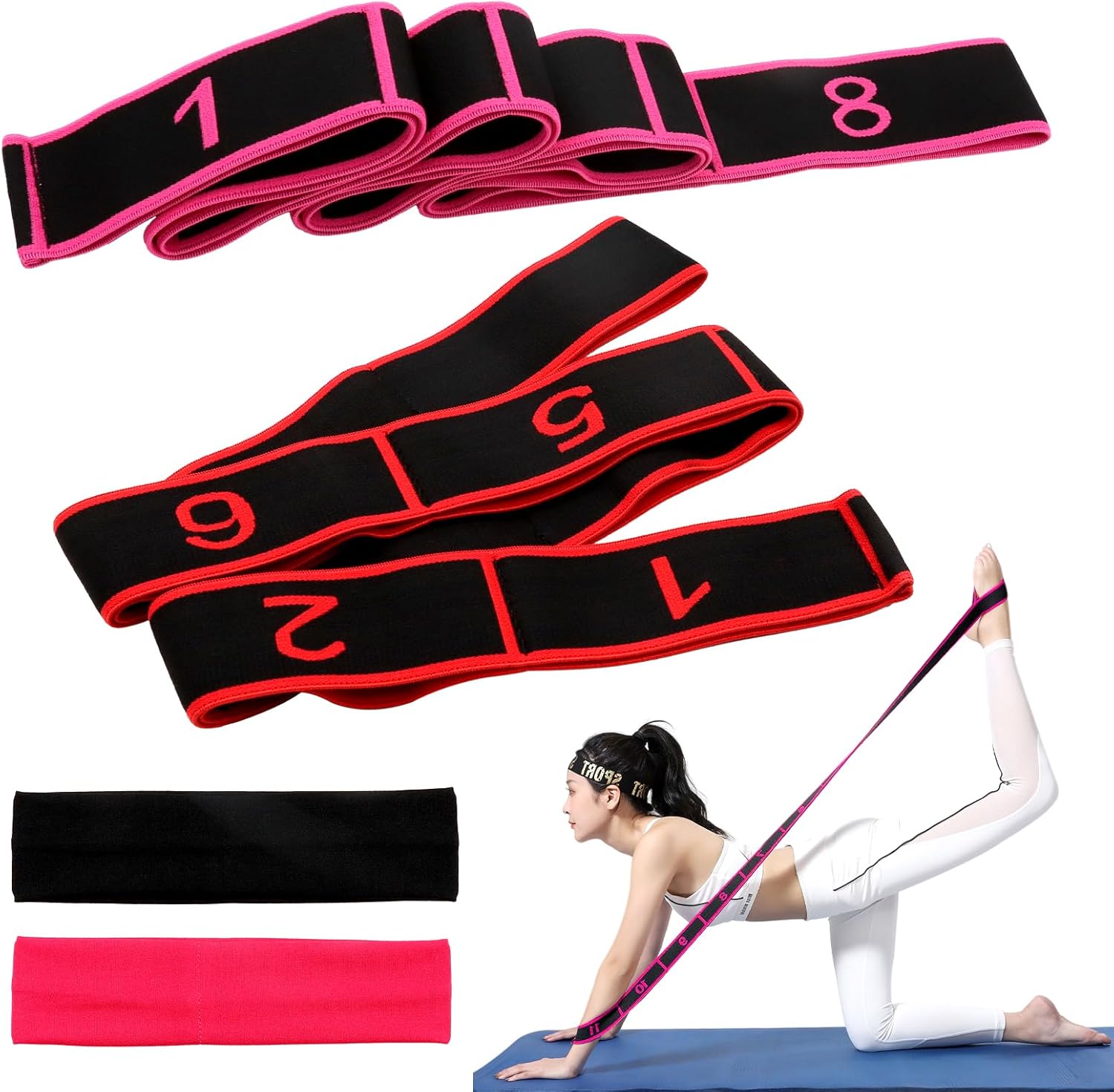 Scettar 2 Banda de Estiramiento de Yoga, Banda Elastica Pilates, Bandas Elasticas Fitness de 8 Rejillas y Bandas Pelo, Bandas Latinas de Resistencia Banda Elástica de Yoga para Pilates Latino Fitness