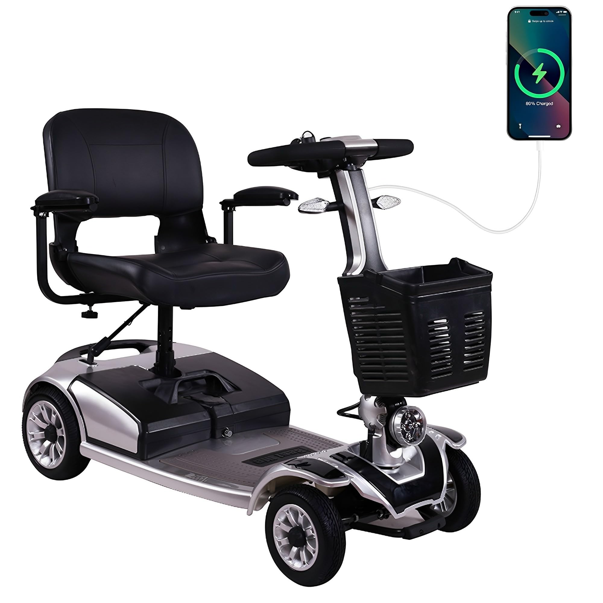 Scooters de Movilidad Plegables para Adultos, Scooter de Movilidad de 4 Ruedas Capacidad de 190 kg Batería Extendida de 35km de Largo Alcance con Canasta y Señal de Giro (Plata)