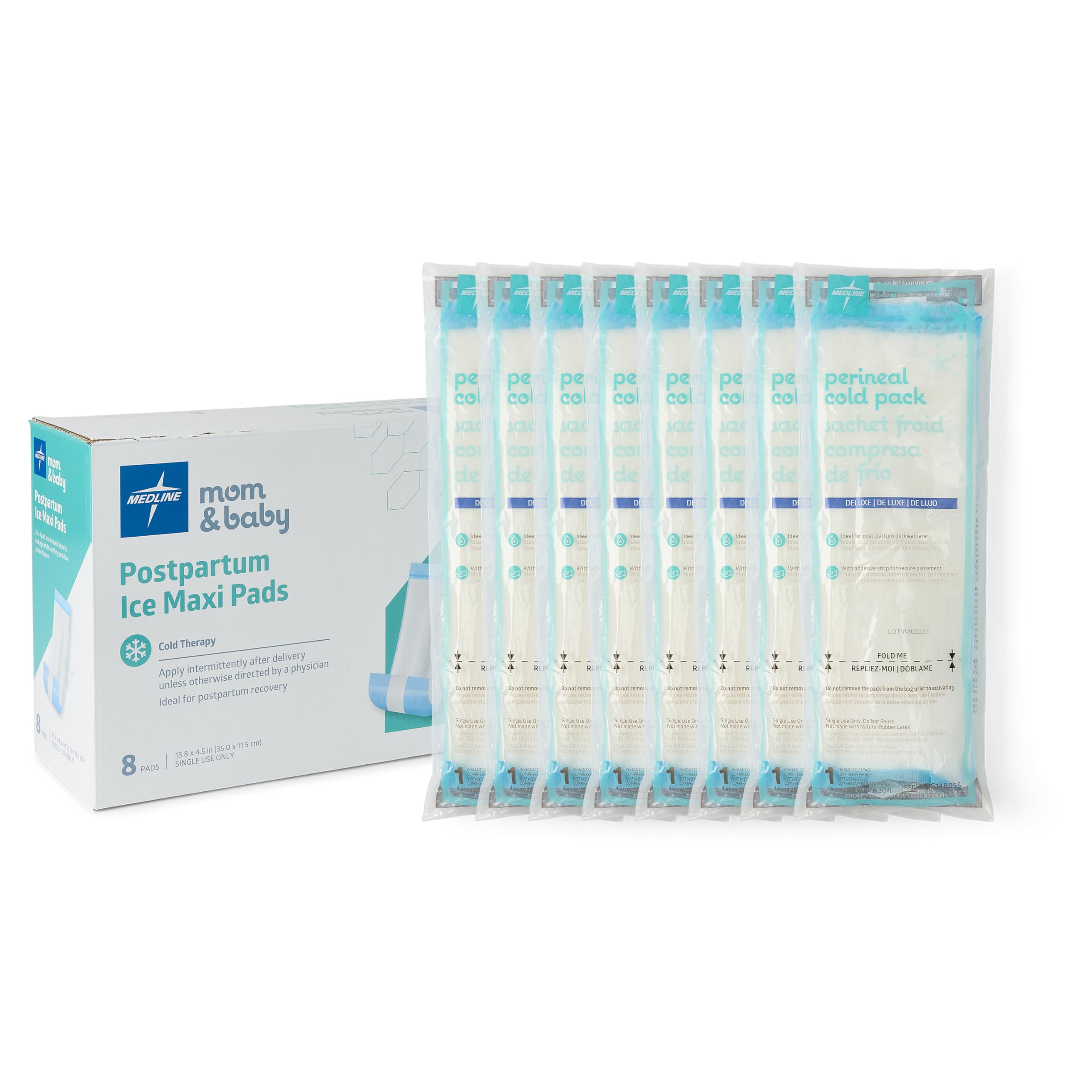 Medline Almohadilla perineal absorbente 2 en 1 y paquetes de hielo frío instantáneo para cuidado posparto (8 unidades). Listo para usar esencial para después del parto, maternidad, cuidado posparto