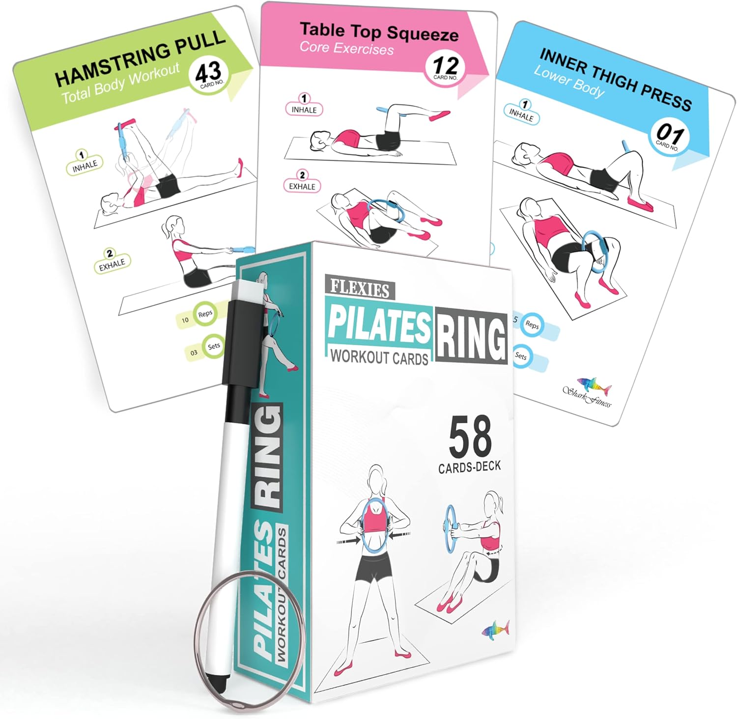Flexies Tarjetas de entrenamiento con anillo de pilates, 58 tarjetas de anillo de ejercicio con círculo de pilates, postura, instrucciones y consejos de respiración, marcador de borrado en seco y