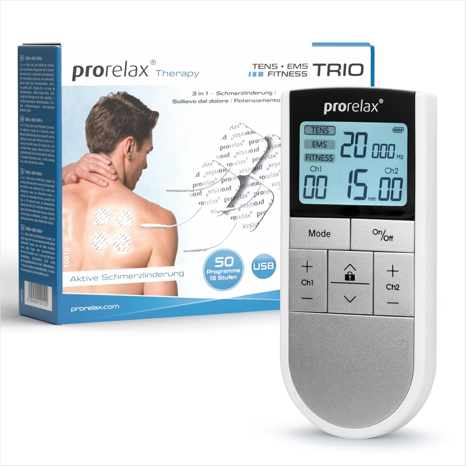 prorelax TENS/EMS Trio | Aparato de electroestimulación | 3 terapias - TENS, EMS, FITNESS | Para relajación, musculación, alivio del dolor | 50 programas | 16 niveles de intensidad