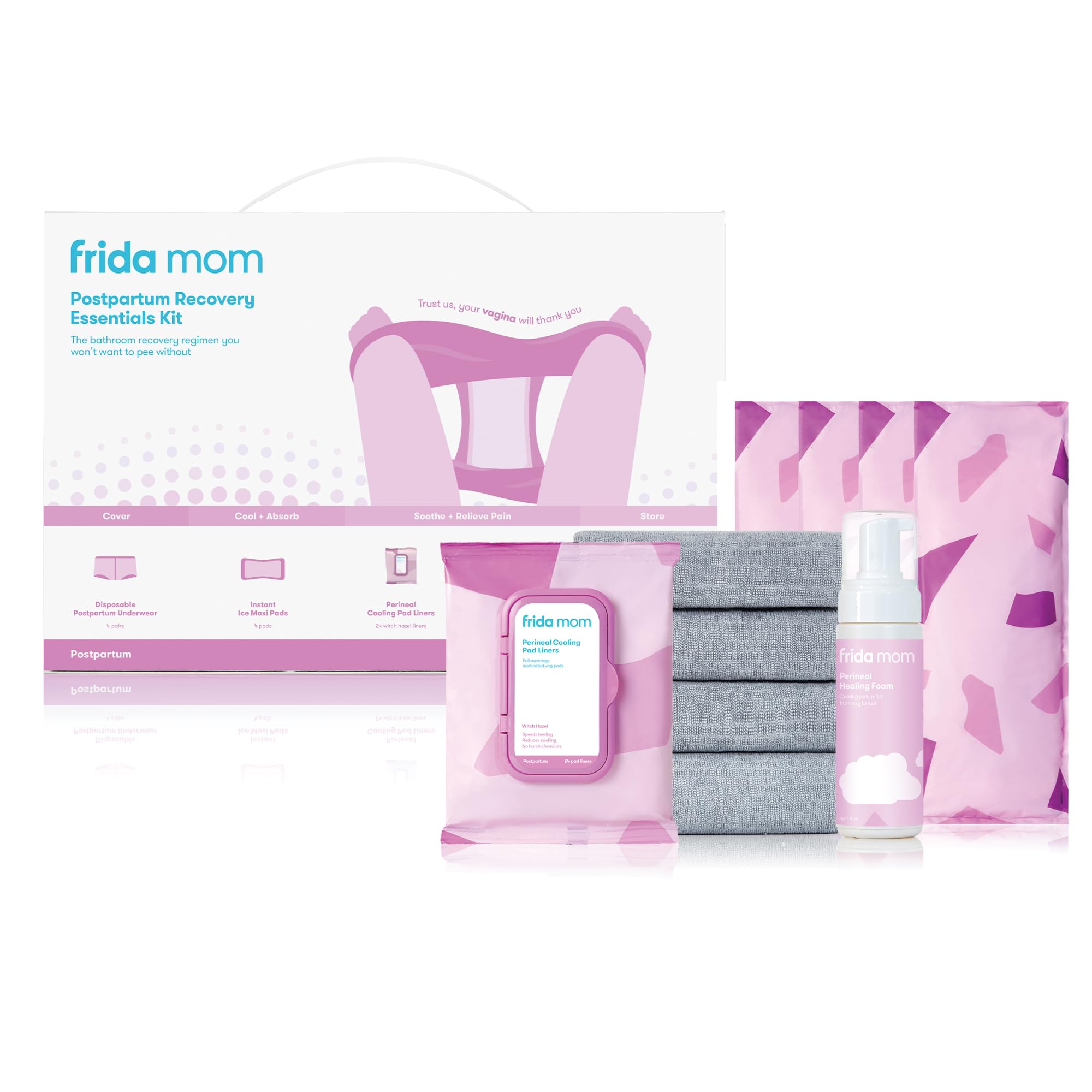 Frida Mom Kit esencial de recuperación posparto: regalos para la nueva mamá, forros de almohadilla de enfriamiento, almohadillas para hielo maxi, bragas desechables, espuma curativa perineal, juego de